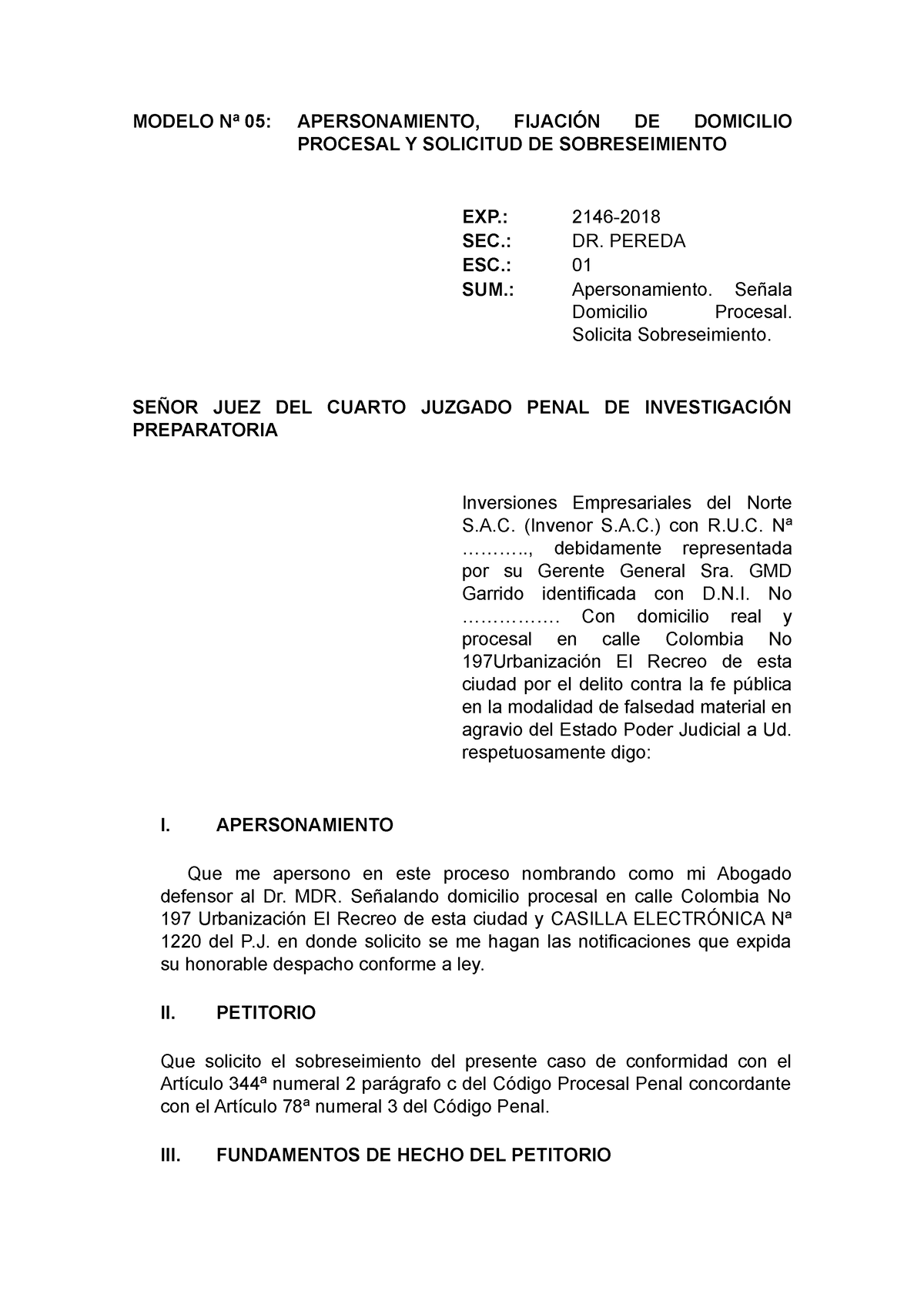 Modelo Nª 05 - escrito - MODELO Nª 05: APERSONAMIENTO, FIJACIÓN DE  DOMICILIO PROCESAL Y SOLICITUD DE - Studocu