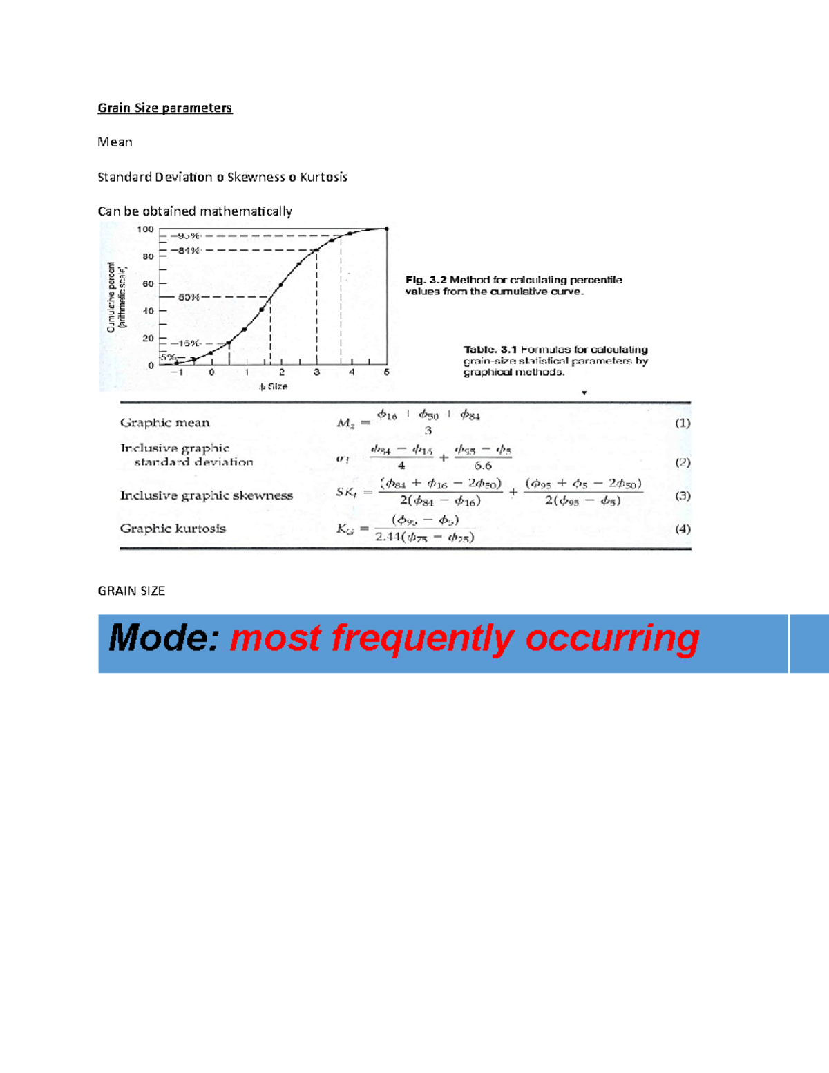 Grain Size parameters Grain Size parameters Mean