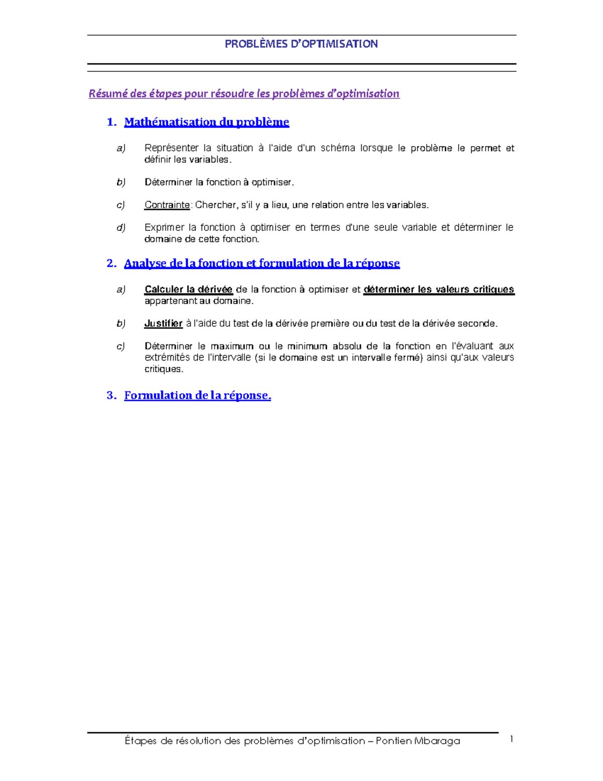 Résumé problèmes doptimisation - PROBLÈMES D’OPTIMISATION Étapes de ...