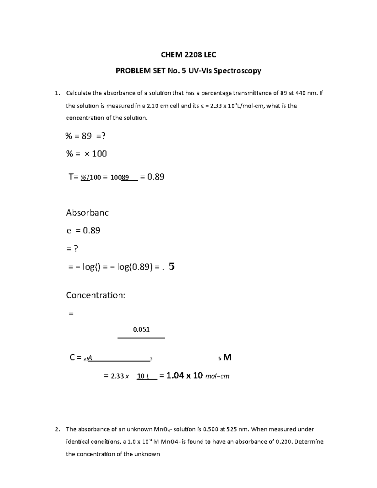 Problemset 5 UVVis Spectroscopy c9 CHEM 2208 LEC PROBLEM SET No. 5