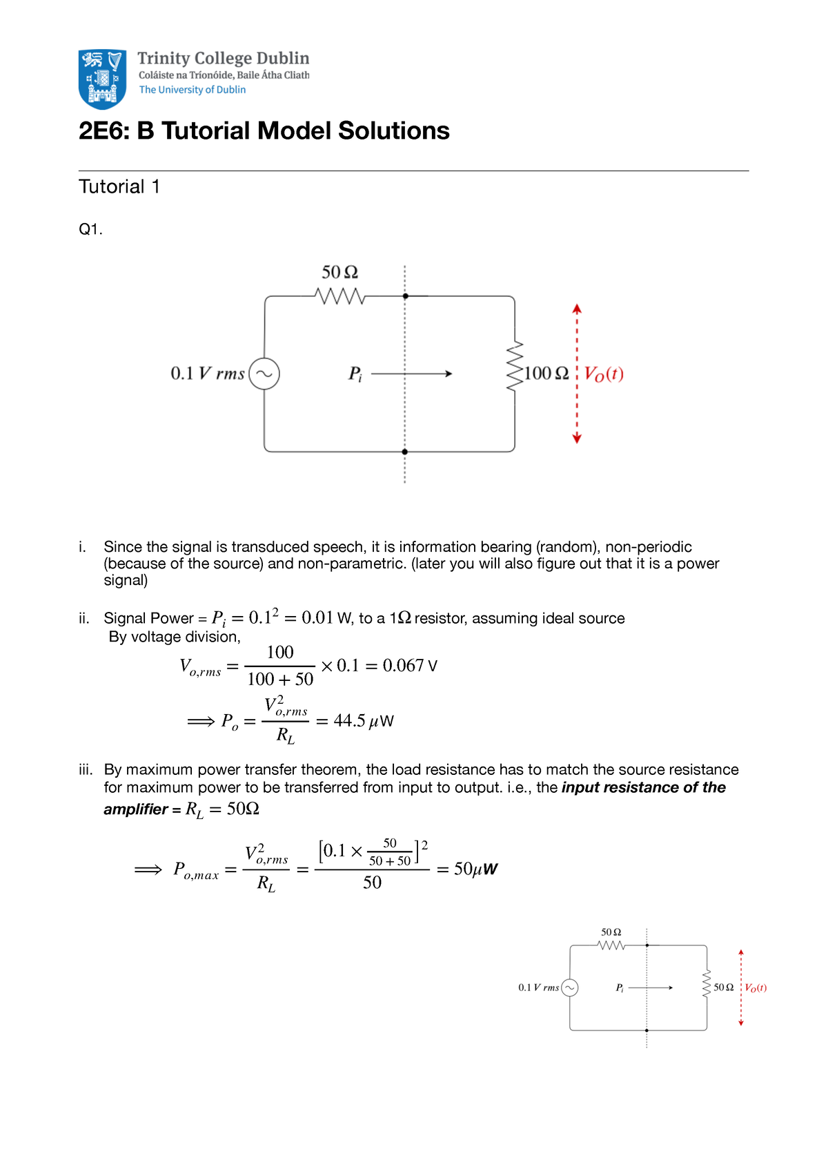 Tutorials 1-2-3-Solutions - 2E6: B Tutorial Model Solutions Tutorial 1 ...