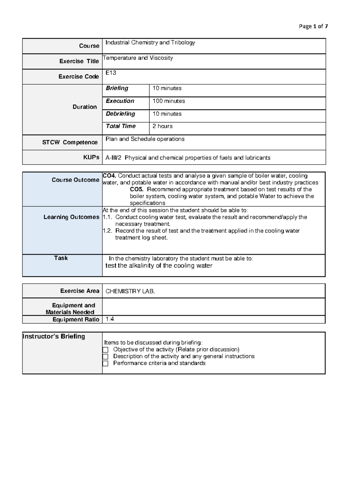 E 13 Cooling Water Alkalinity Test 2 - Page 1 Of 7 Course Industrial 