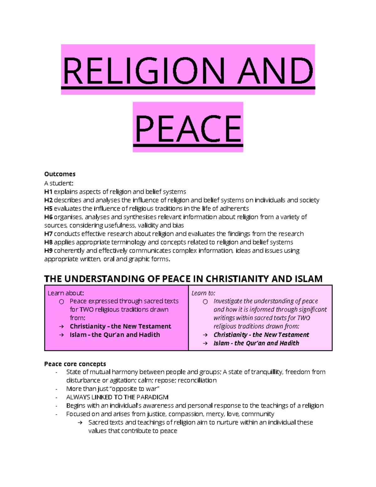 Religion AND Peace Notes by E. THompson - RELIGION AND PEACE Outcomes A ...