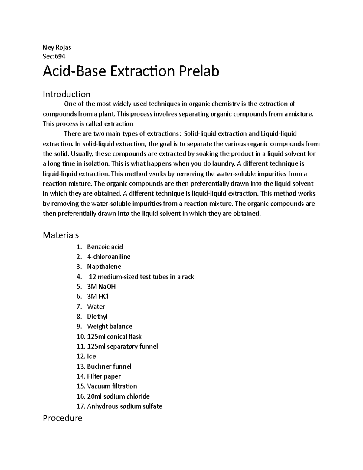 Acid-Base Extraction Pre Lab Report - Ney Rojas Sec: Acid-Base ...