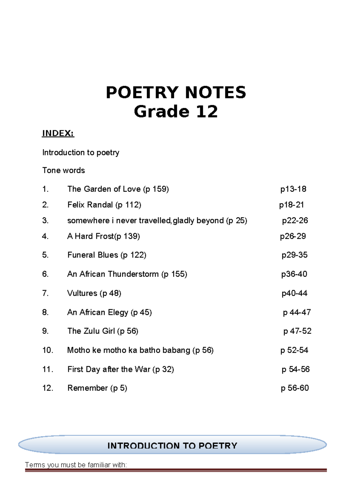 2017 Grade 12 Poetry Notes POETRY NOTES Grade 12 INDEX Introduction