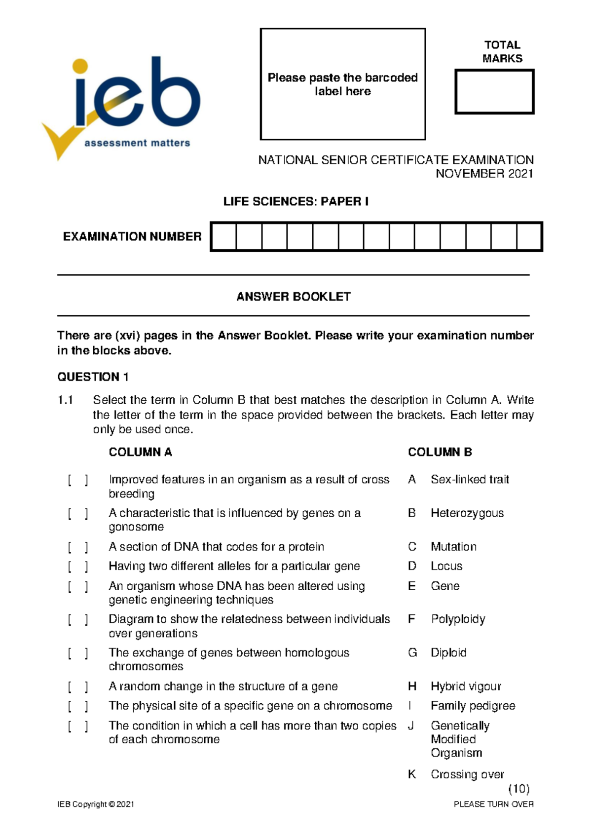 Life Sciences P1 Answer Booklet 2021 - IEB Copyright © 2021 PLEASE TURN ...