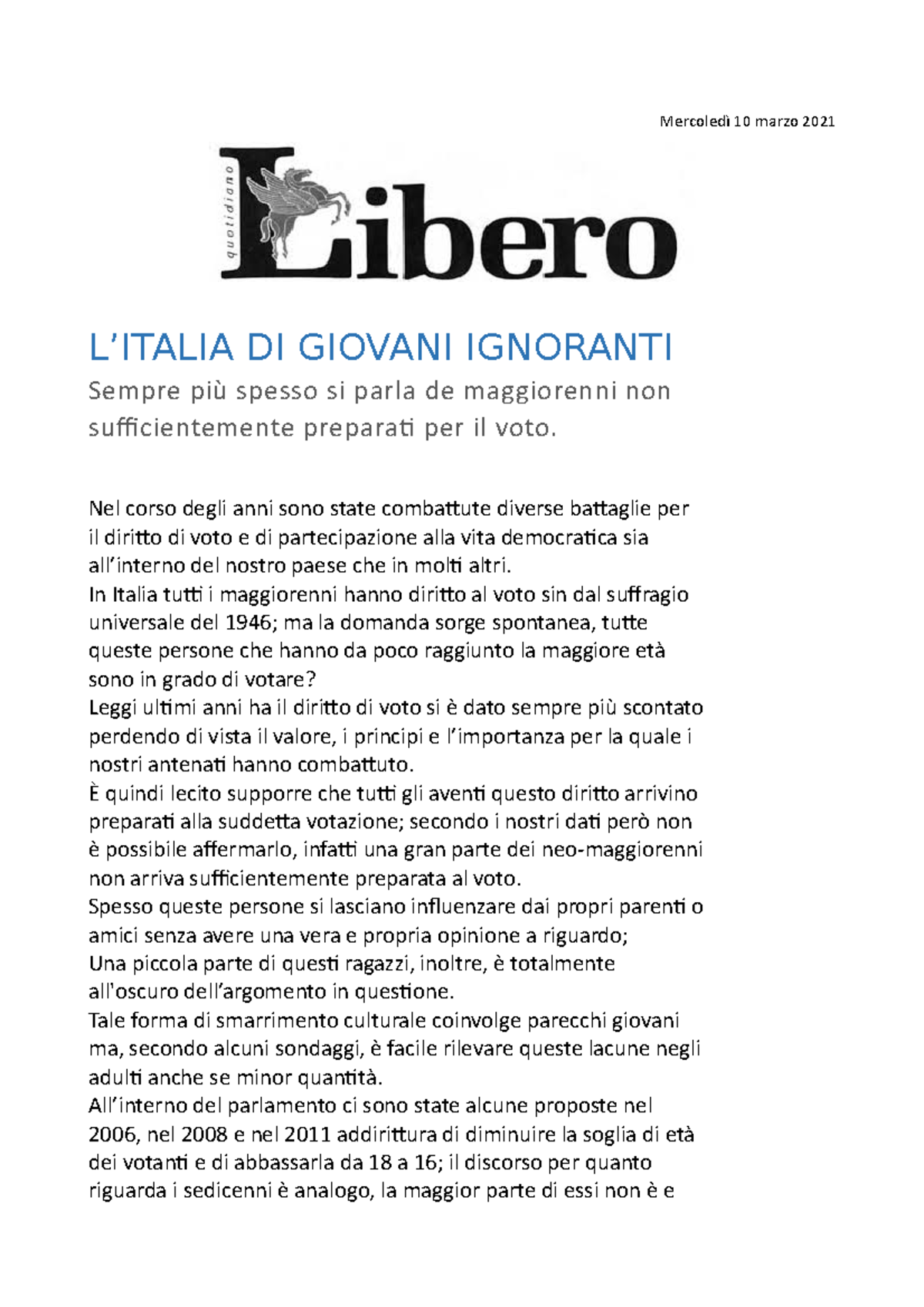 Tema Su Articolo Di Giornale Sull Voto E Sulle Elezioni Mercoled