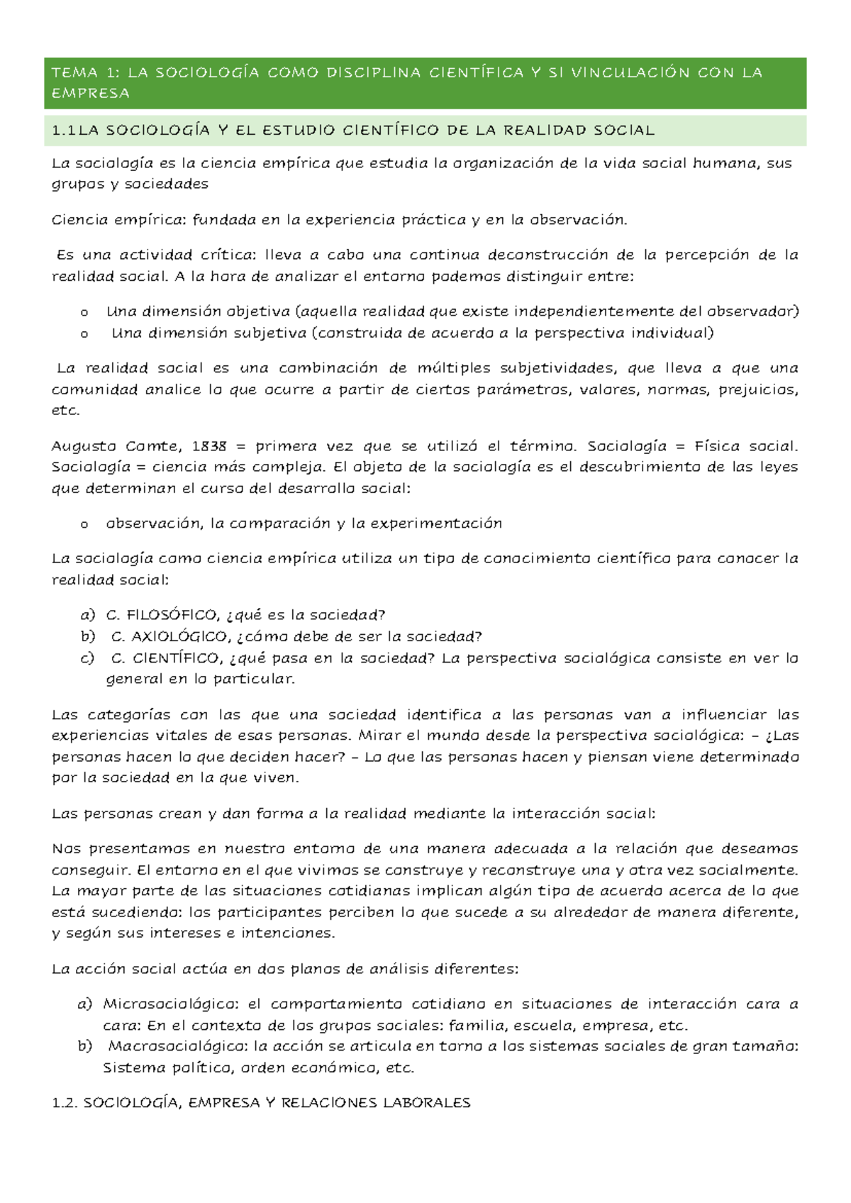 Tema 1 resumen sociologia - TEMA 1: LA SOCIOLOGÍA COMO DISCIPLINA ...