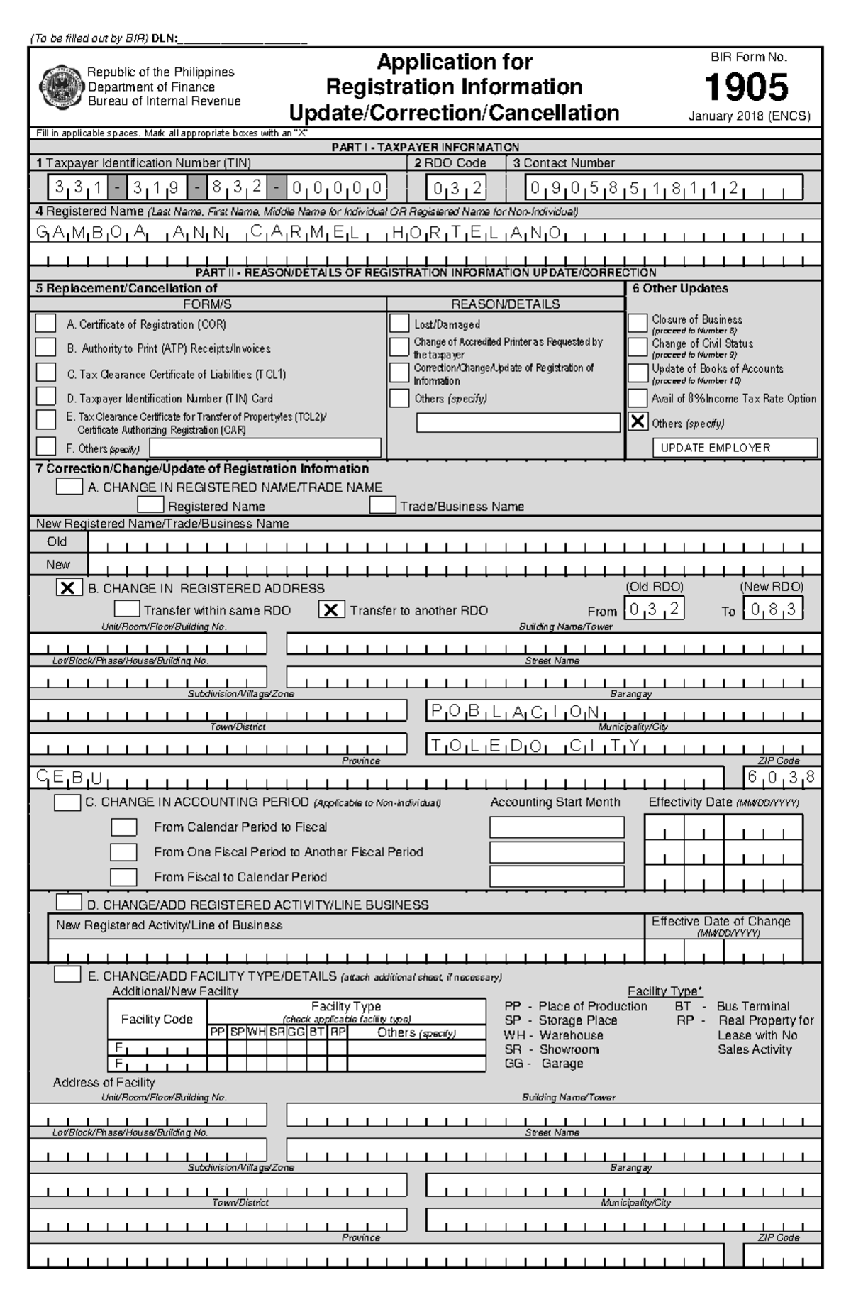 BIR FORM NO 1905 - New TIP Course 5 - (To be filled out by BIR) DLN