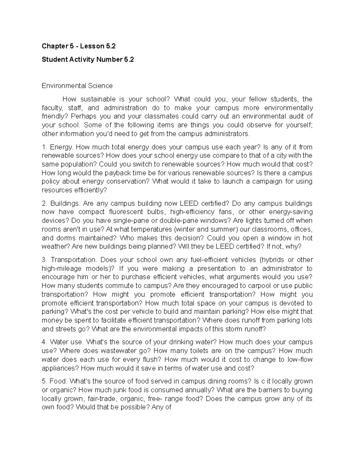 Student Activity Number 5 - Chapter 5 - Lesson 5. Student Activity ...