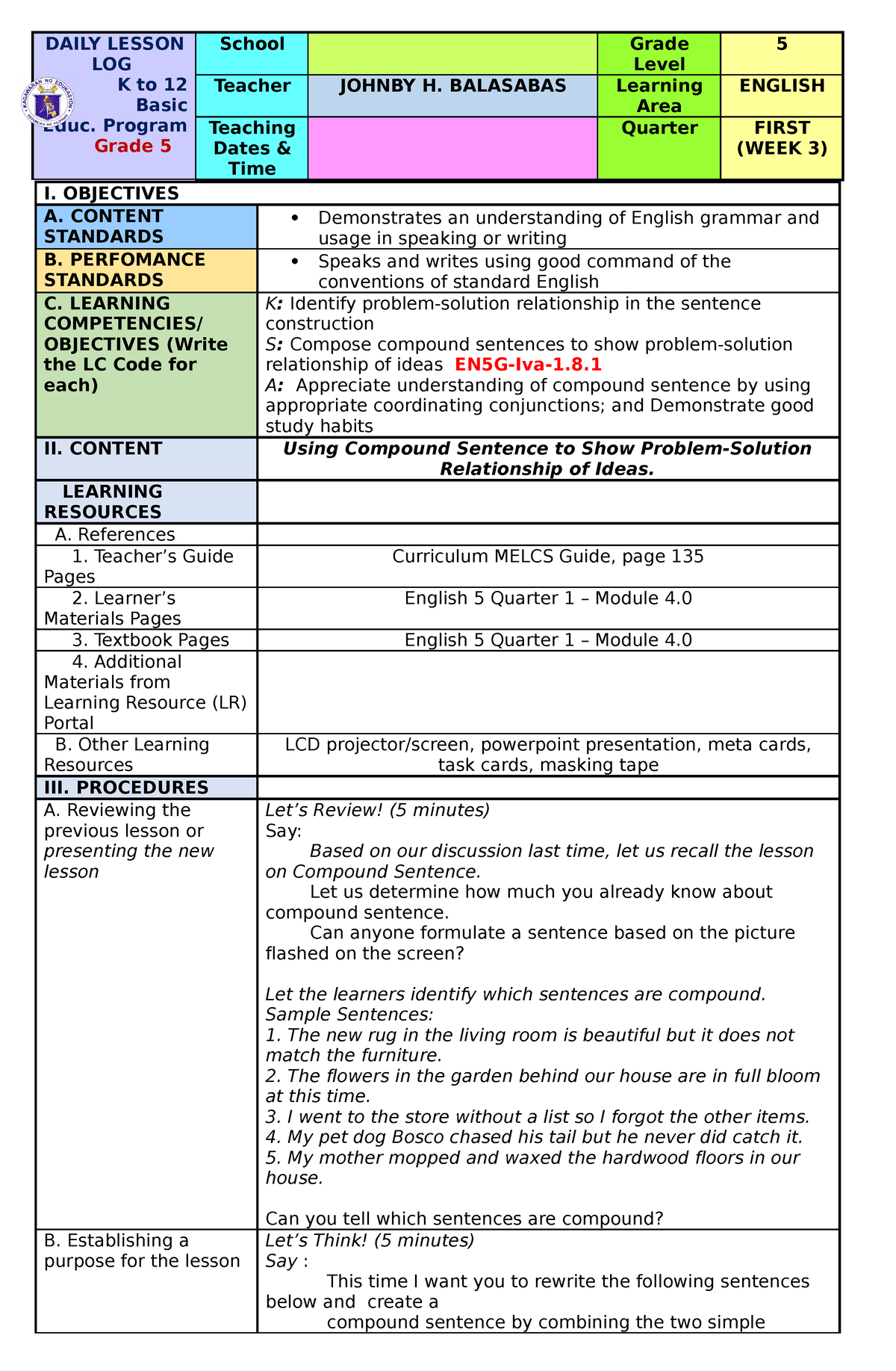 Dlp Verb A Detailed Lesson Plan Daily Lesson Log K To Basic Educ Hot Sex Picture 6532