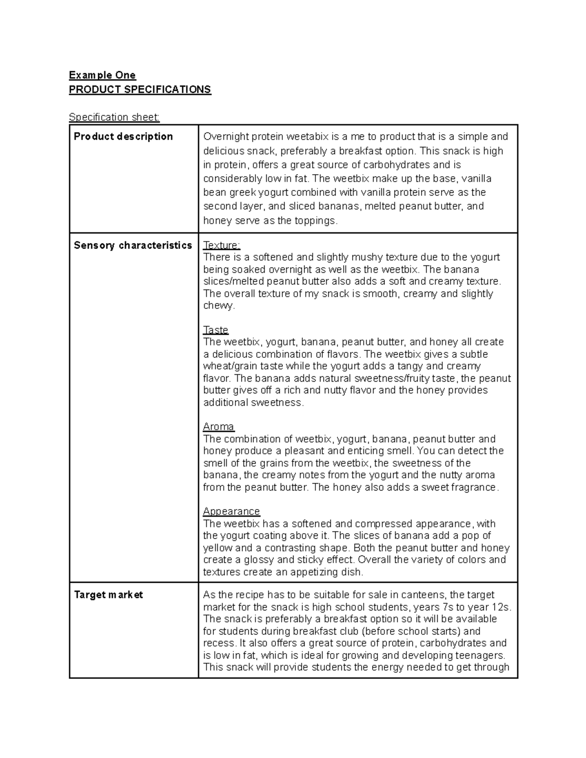 Example of Specifications - Example One PRODUCT SPECIFICATIONS ...