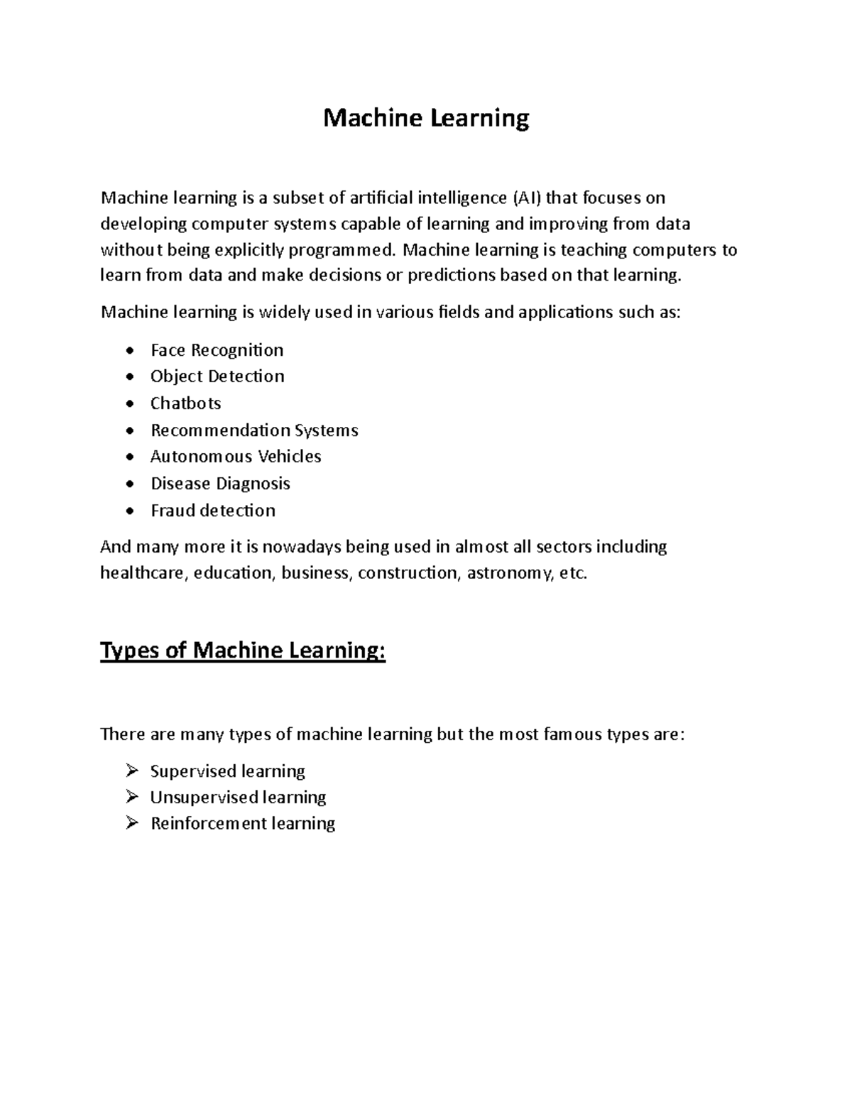 Machine Learning Notes - Machine Learning Machine learning is a subset ...