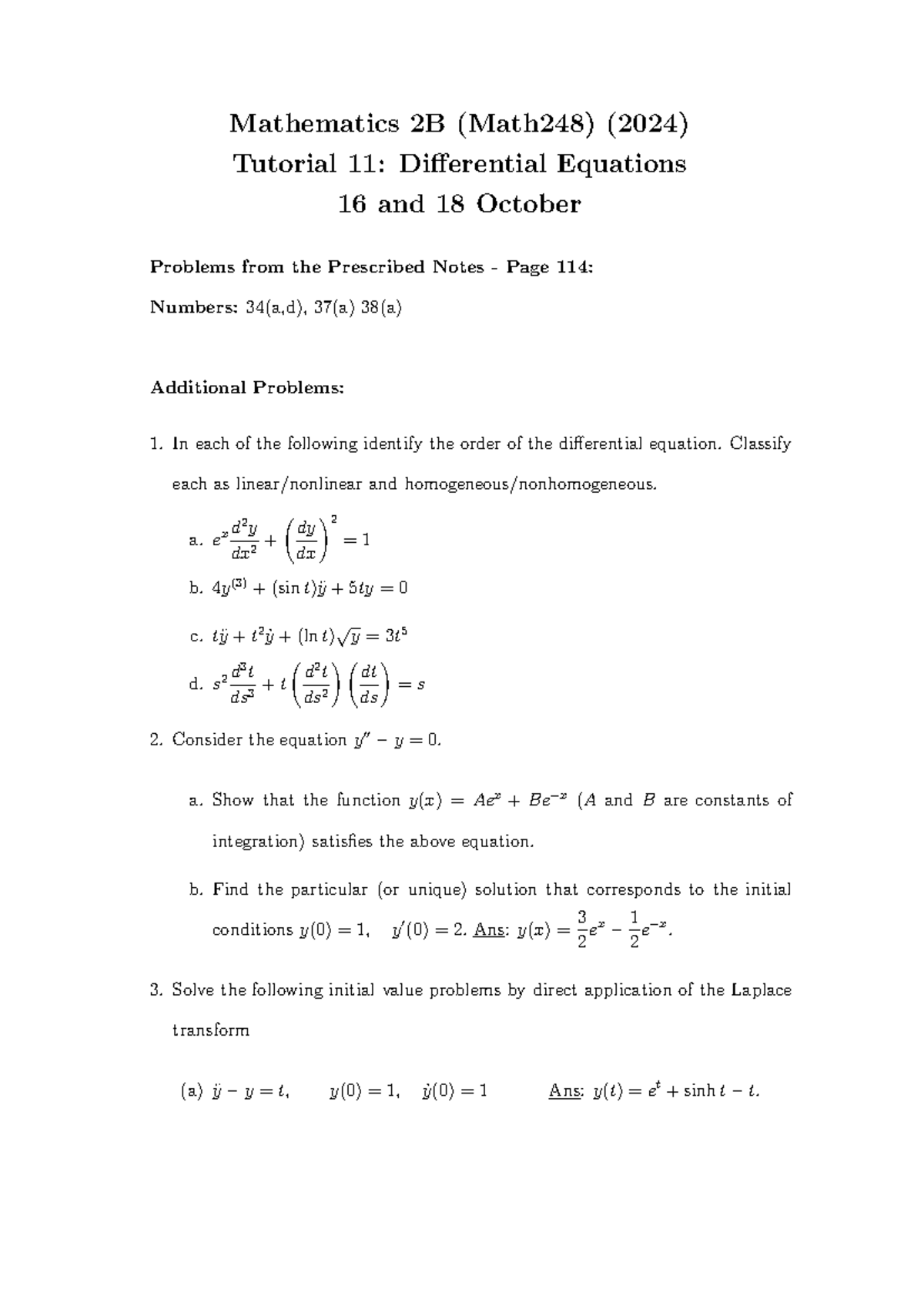 Tutorial 11 - Mathematics 2B (Math248) (2024) Tutorial 11: Differential ...