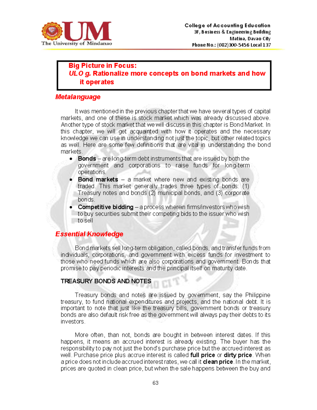 ULOs week 4 to 5 Bond Market - 3F, Business & Engineering Building ...