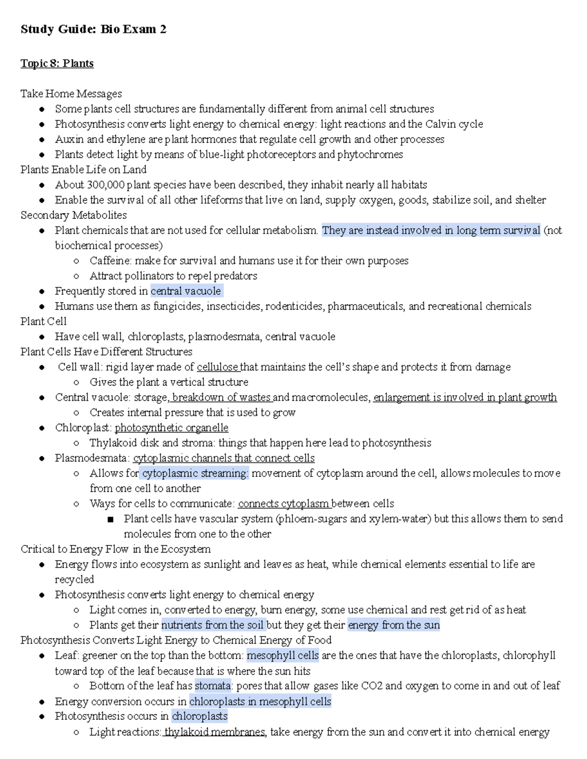 Bio Exam 2 Study Guide - Study Guide: Bio Exam 2 Topic 8: Plants Take ...