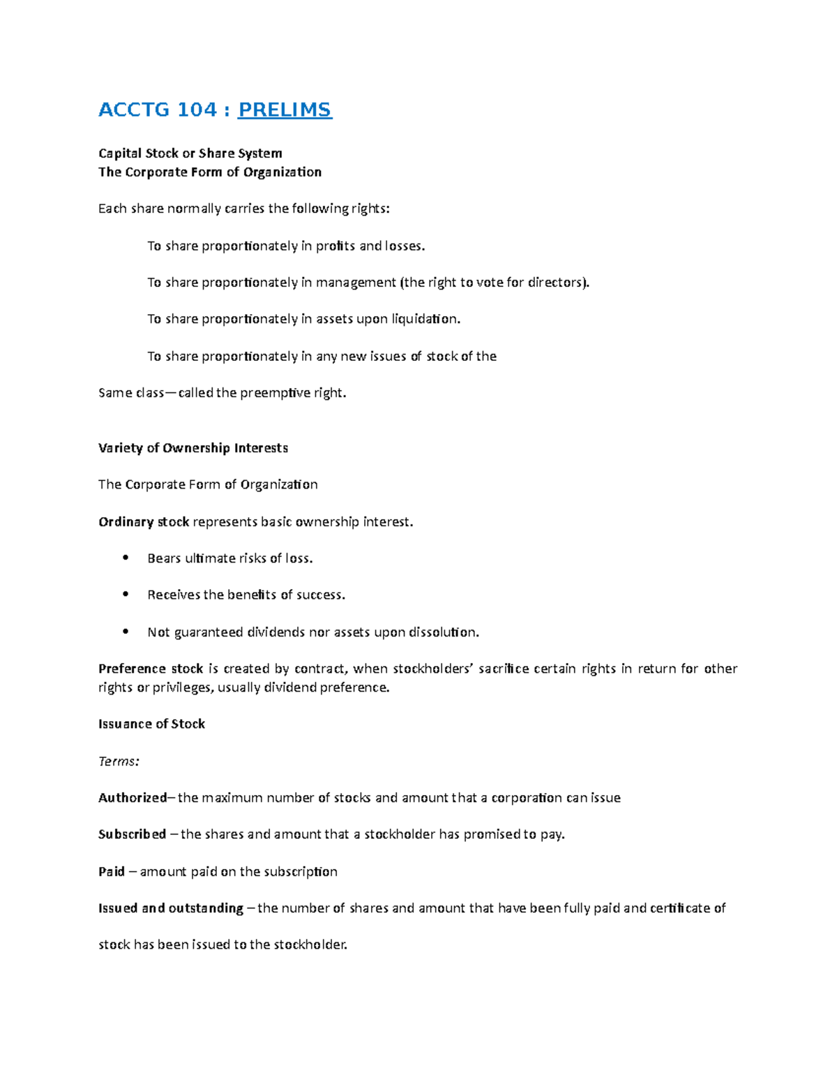 Reviewer - ACCTG 104 : PRELIMS Capital Stock or Share System The ...