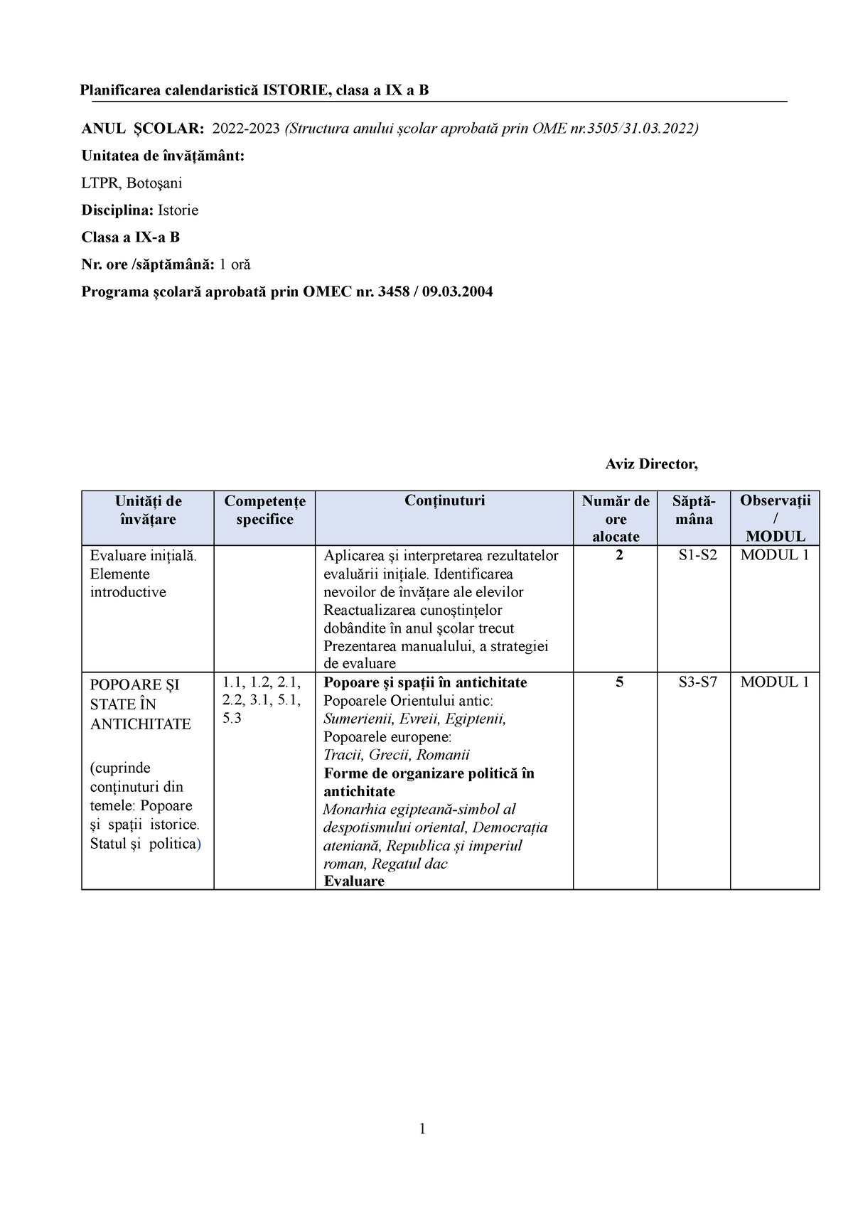 Planificare 9 B - 1 Planificarea Calendaristică ISTORIE, Clasa A IX A B ...