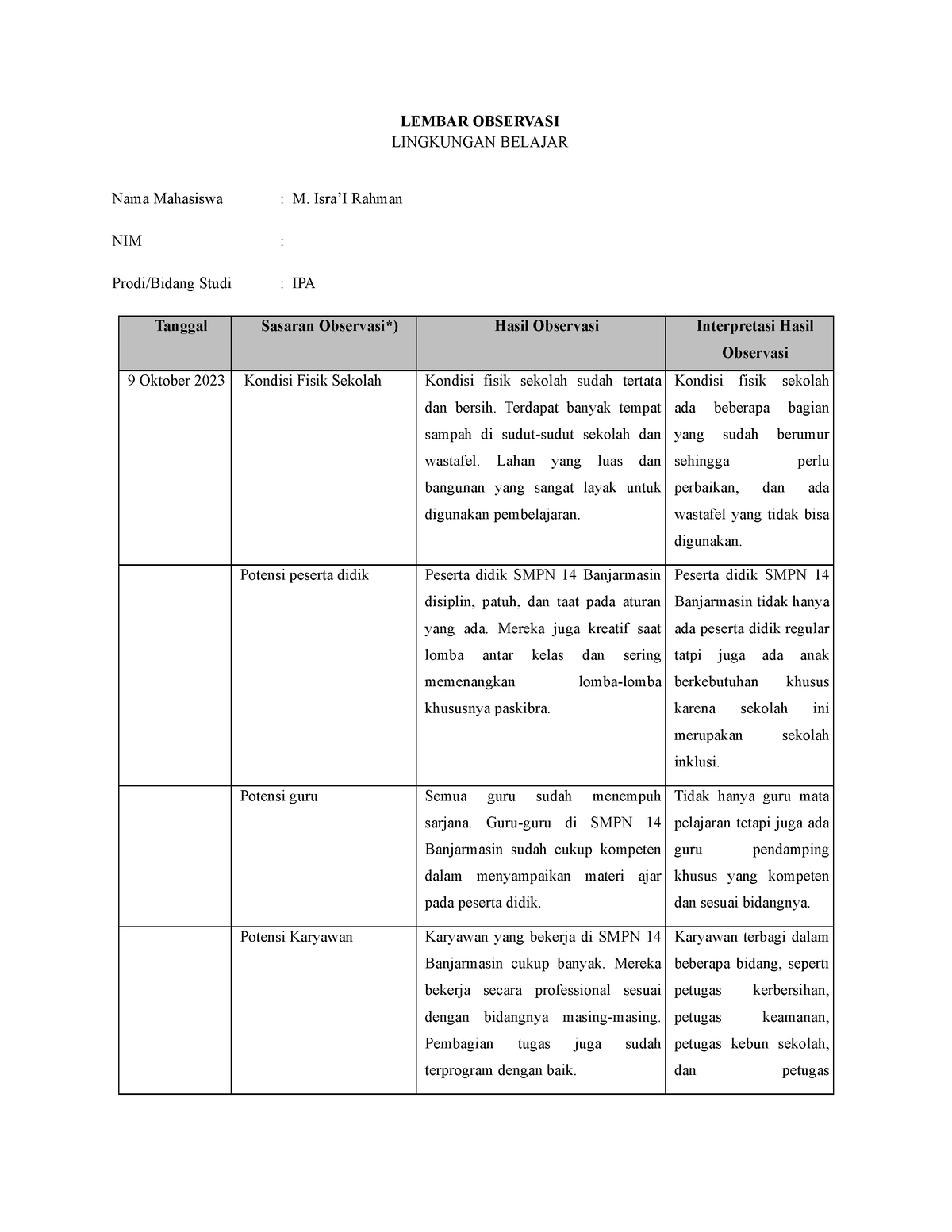 Lampiran LK A Contoh Format Lembar Observasi Lingkungan Belajar Di Sekolah LEMBAR