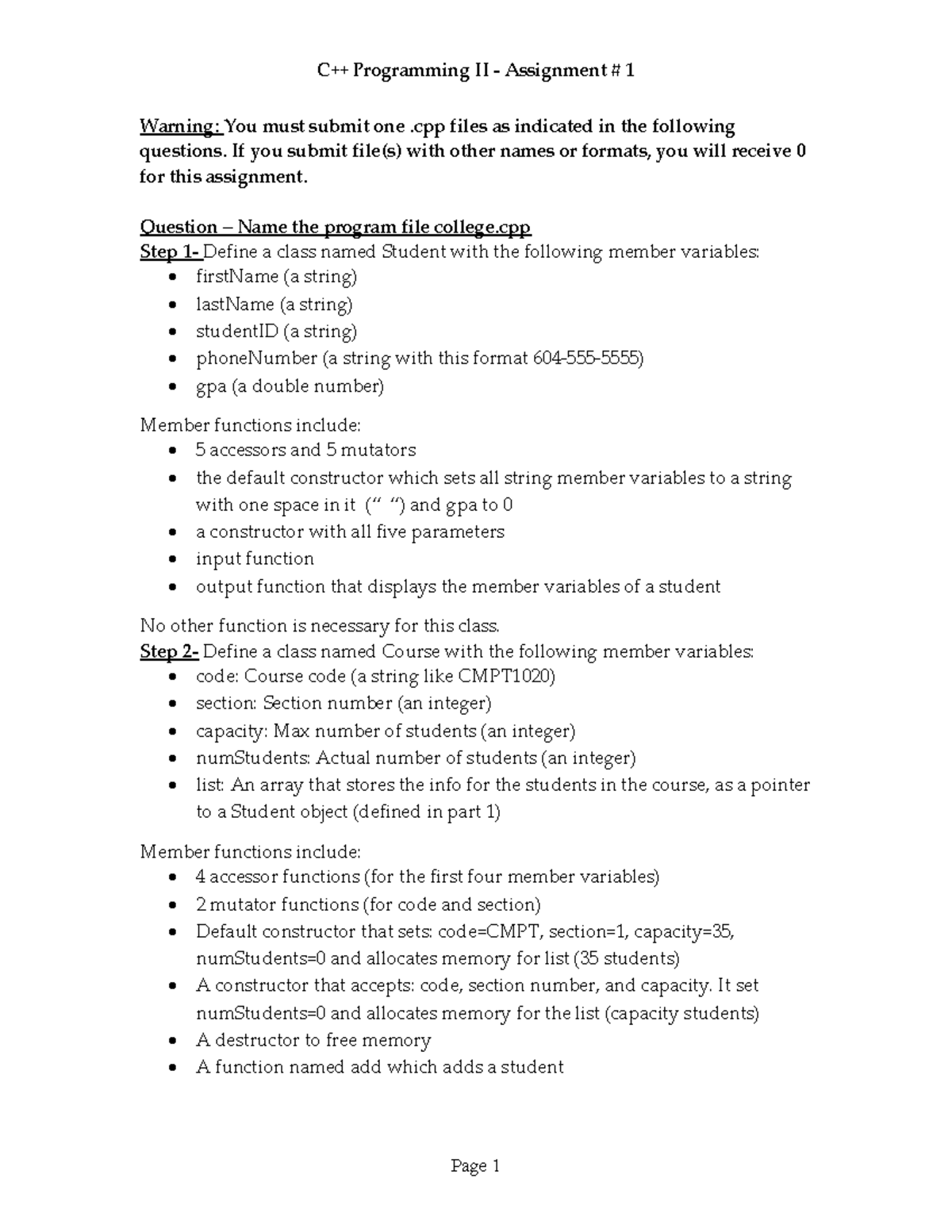Assignment One - 1 - C++ Programming II - Assignment # 1 Page 1 Warning ...