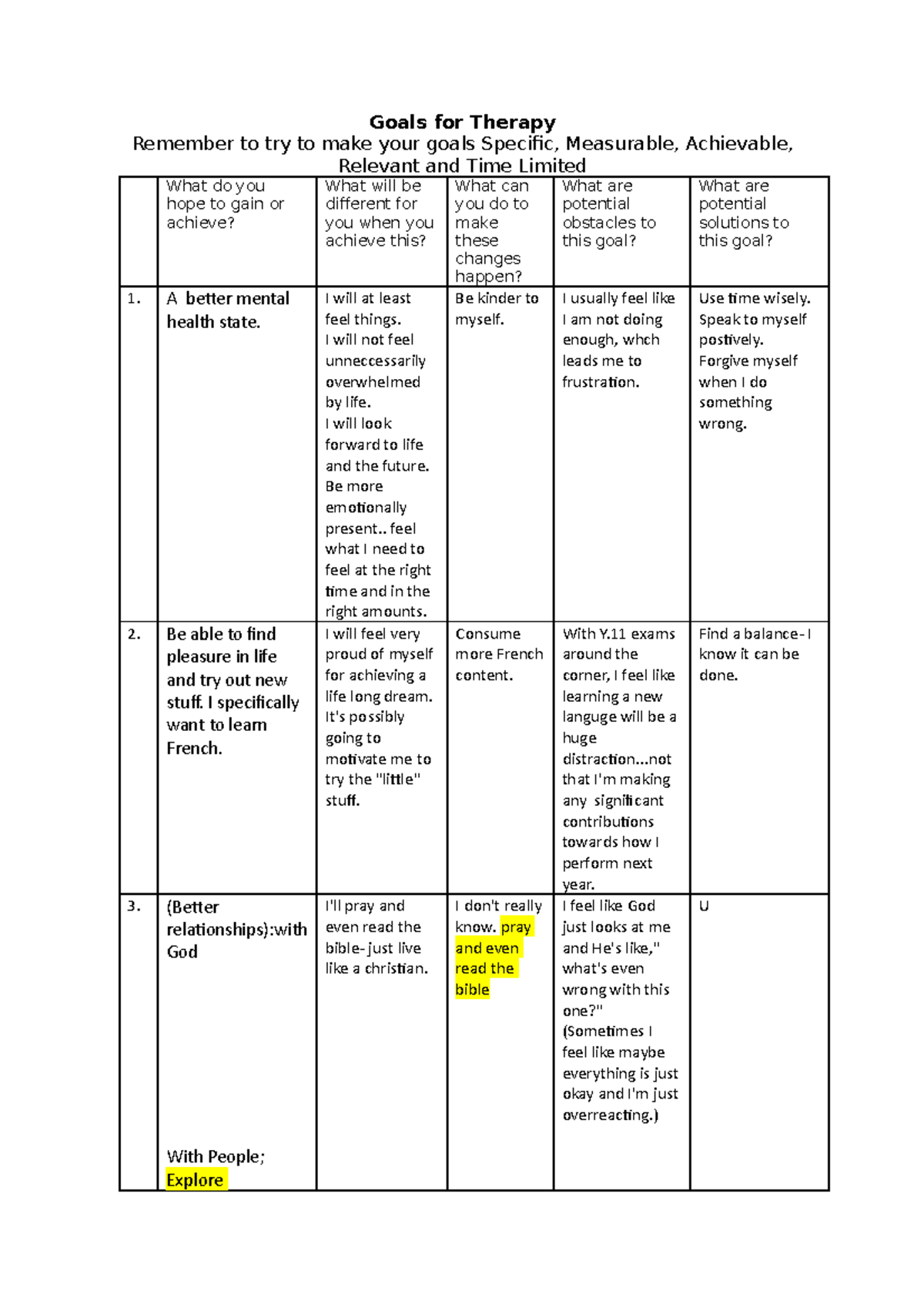 Goals for Therapy Clinical Practicum Goals for Therapy Remember to