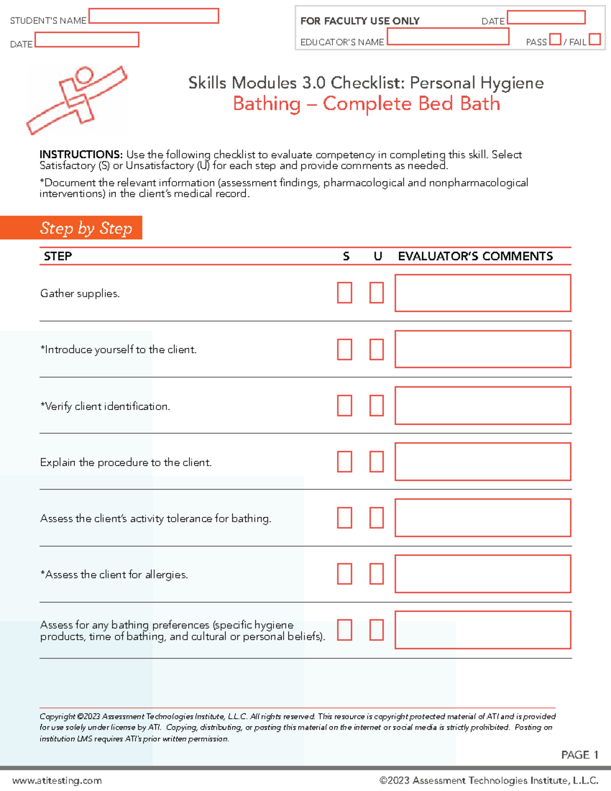 Ati Personal Hygiene Complete bed bath checklist PAGE 1 Copyright