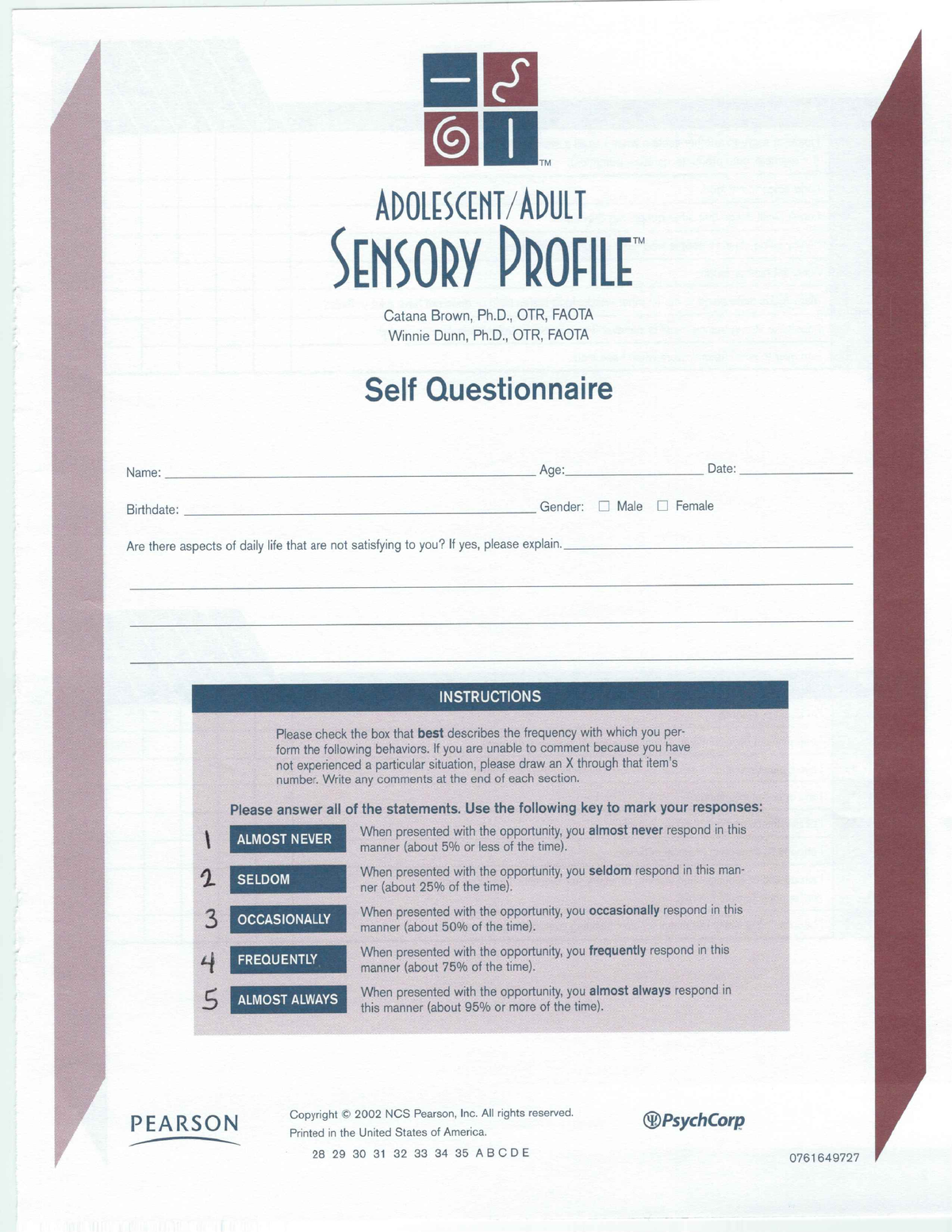 Adult Sensory Profile Questionnaire Scoring - Salud Mental - Studocu