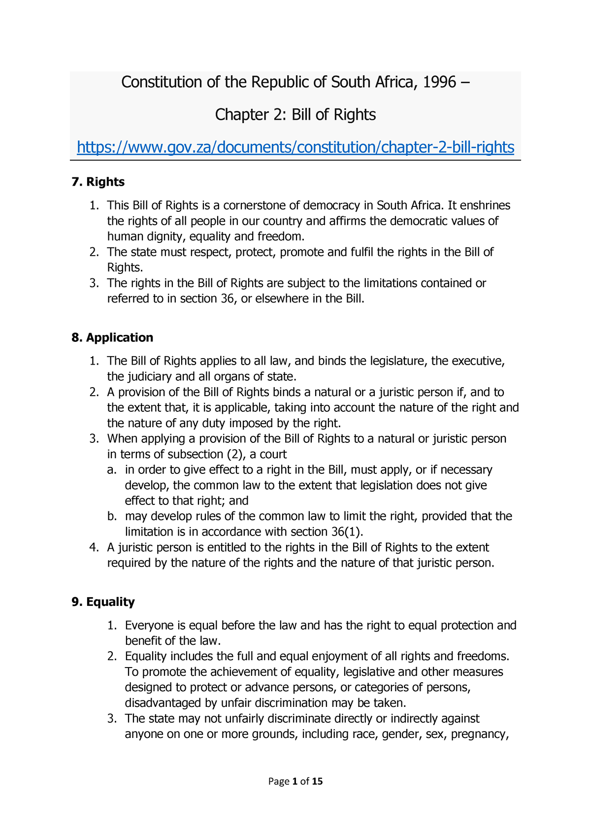 What Is The Bill Of Rights South Africa Summary