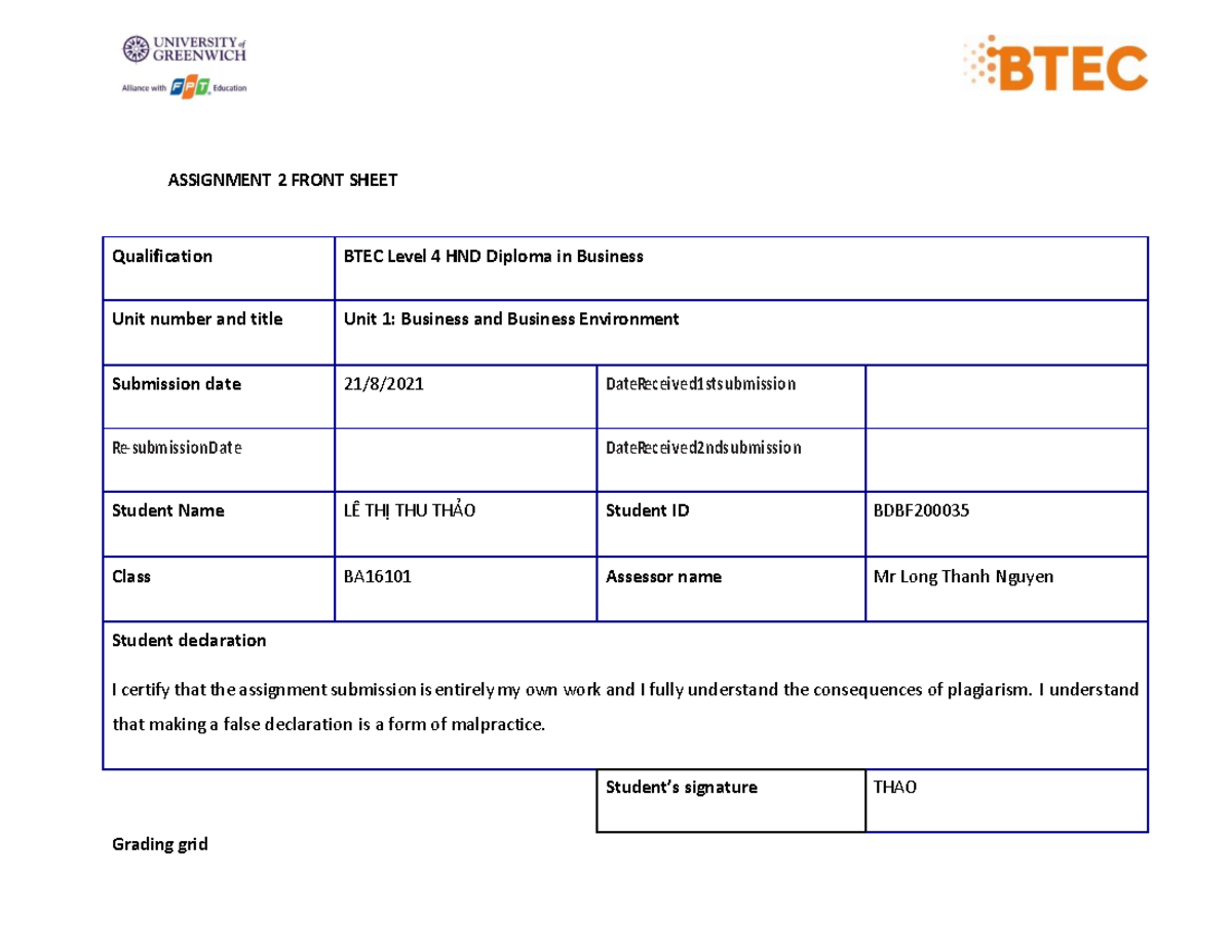 btec business level 2 assignments