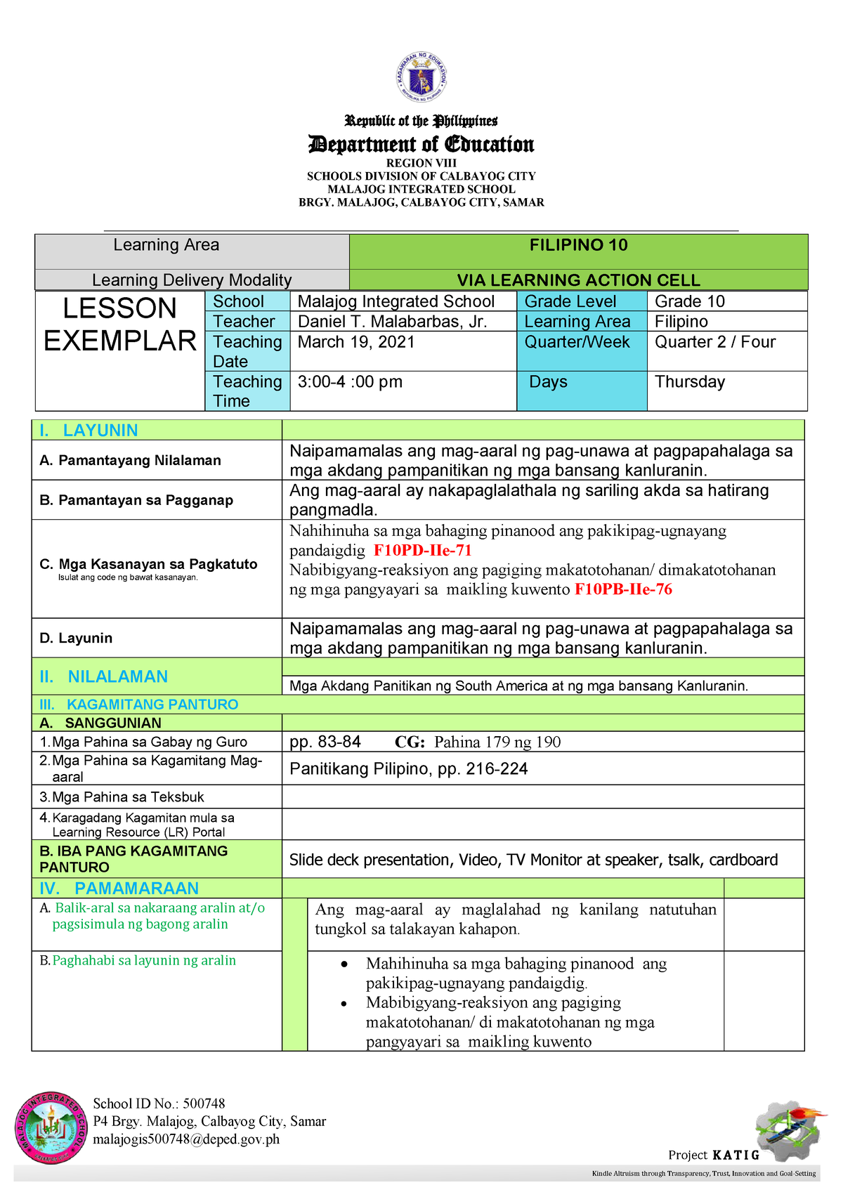 COT In Filipino 10 Daniel 1ST Quarter Department Of Education REGION 