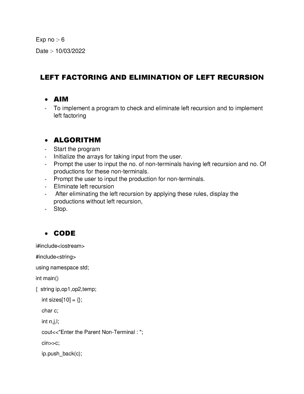 CD6 - LEFT FACTORING AND ELIMINATION OF LEFT RECURSION - Exp No :- 6 ...