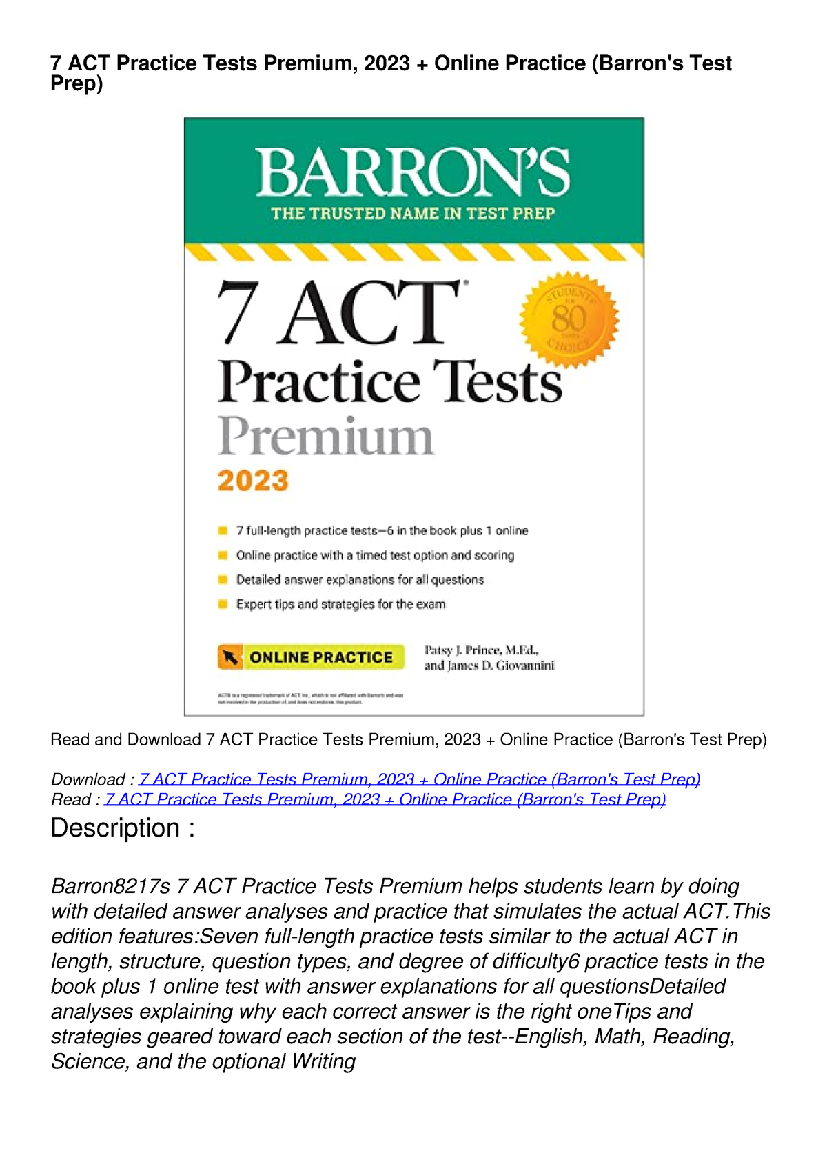 READ [PDF] 7 ACT Practice Tests Premium, 2023 + Online Practice (Barron