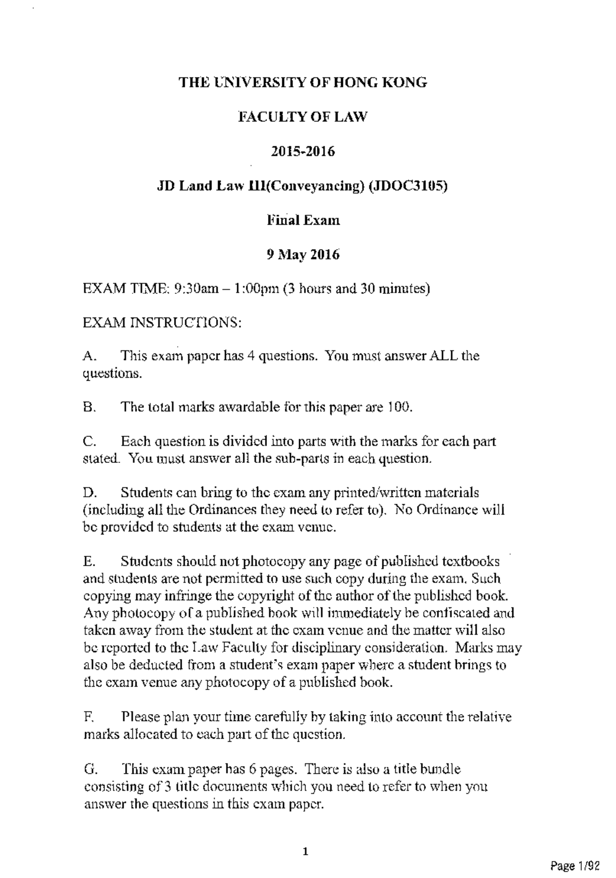 Exam 2016 - THE UNIVERSITY OF HONG KONG FACULTY OF LAW 2015- JD Land ...