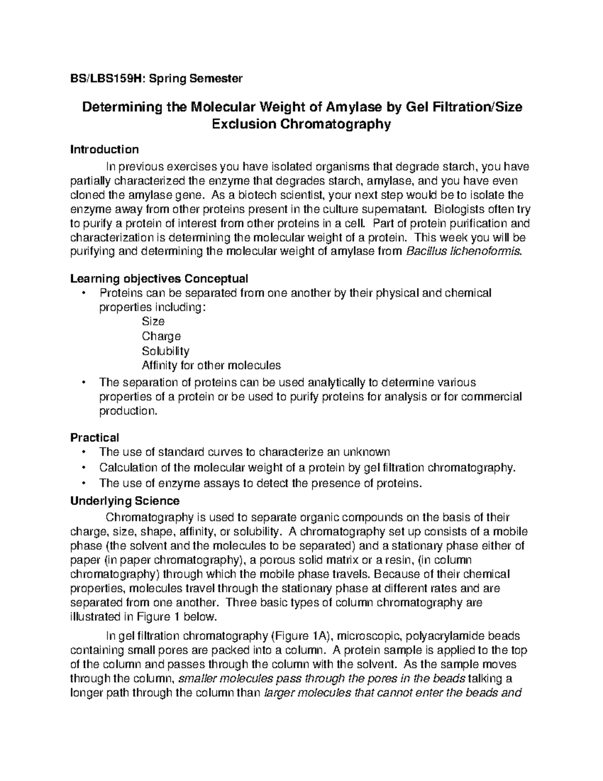 Chromatography Study Materials BS/LBS159H Spring Semester