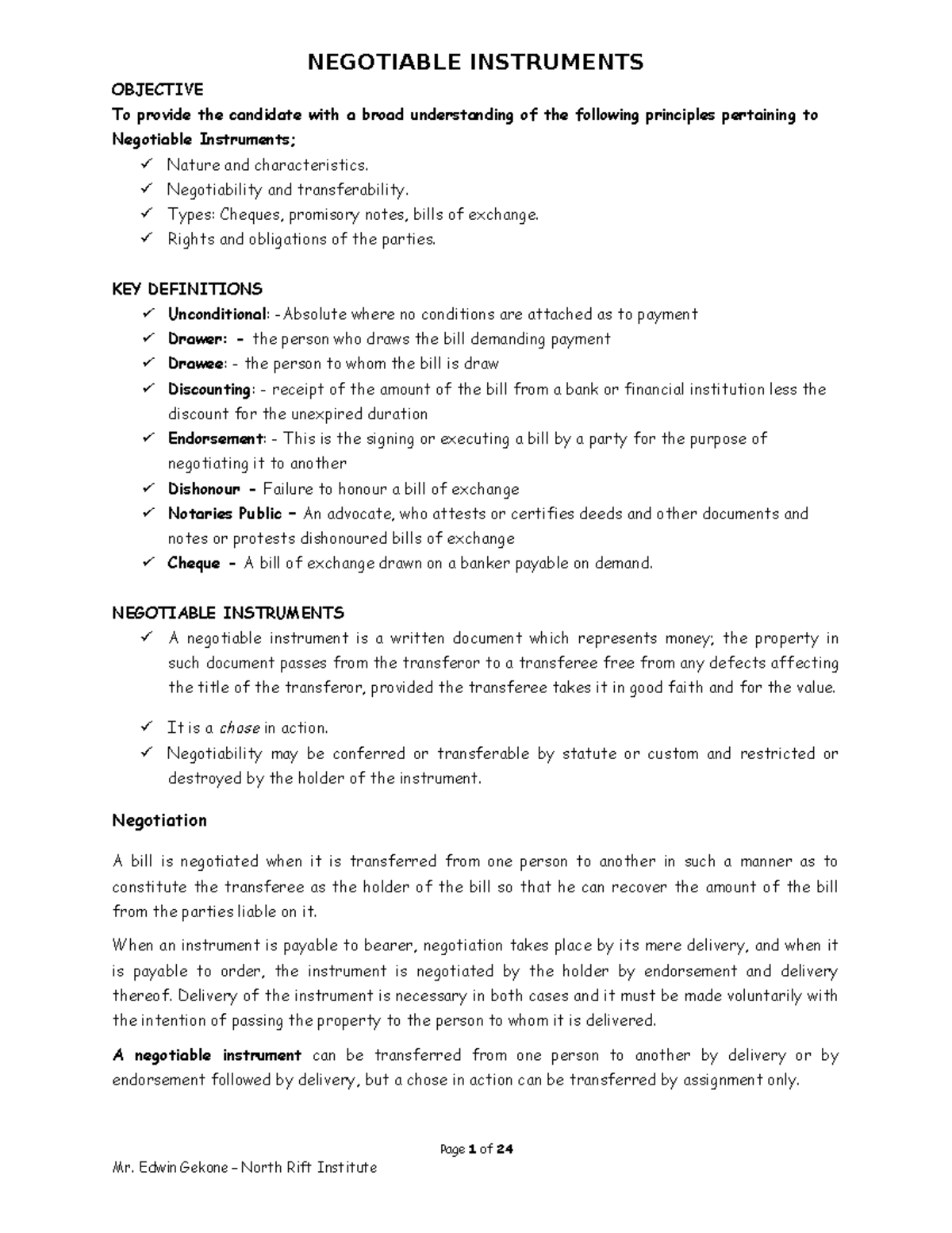 negotiable instruments law notes