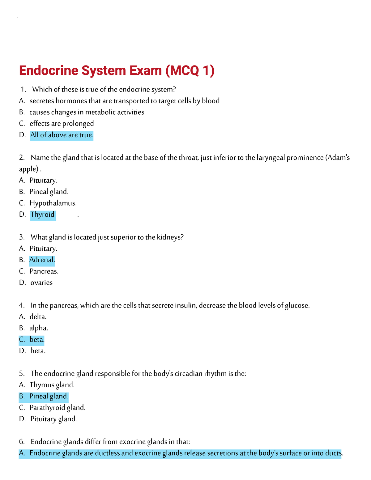 ENDO Intro QUIZ - Endocrine System Exam (MCQ 1) Which Of These Is True ...