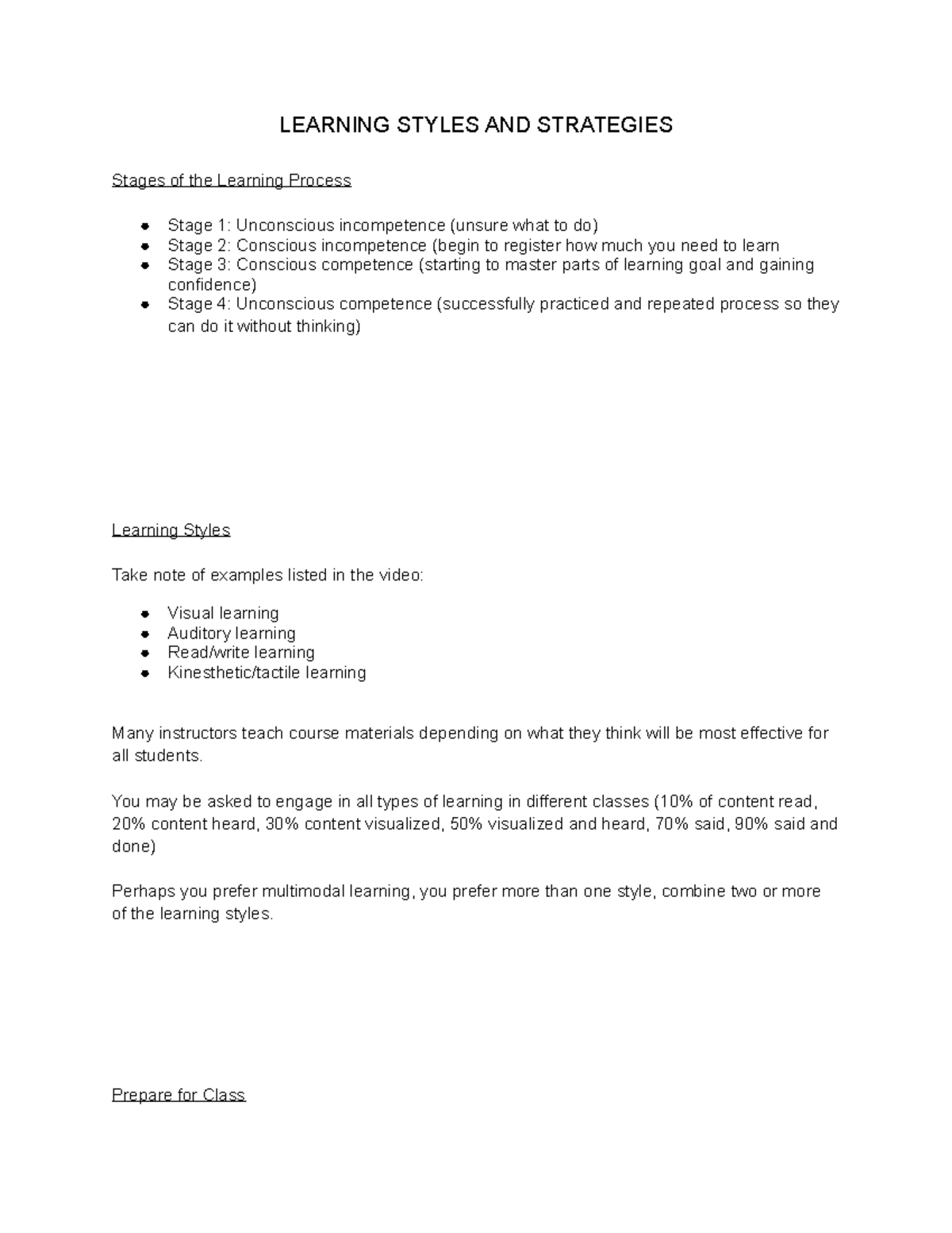 College Success Notes #11 - LEARNING STYLES AND STRATEGIES Stages of ...