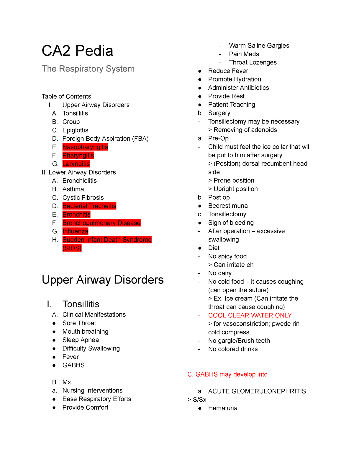 CA2 Pedia%20(Respiratory) - CA2 Pedia The Respiratory System Table of ...