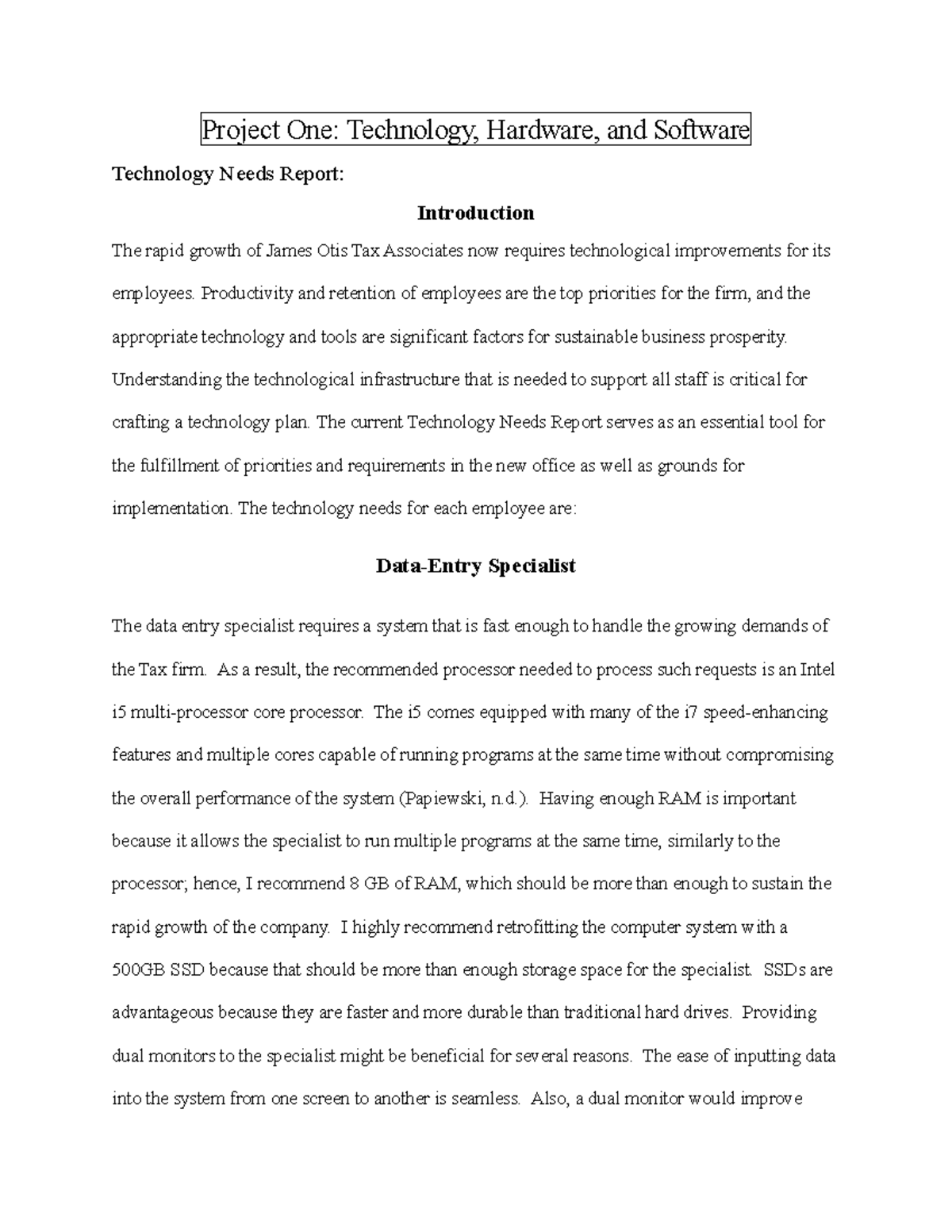 5-2 Project - IT200 - Project One: Technology, Hardware, and Software ...