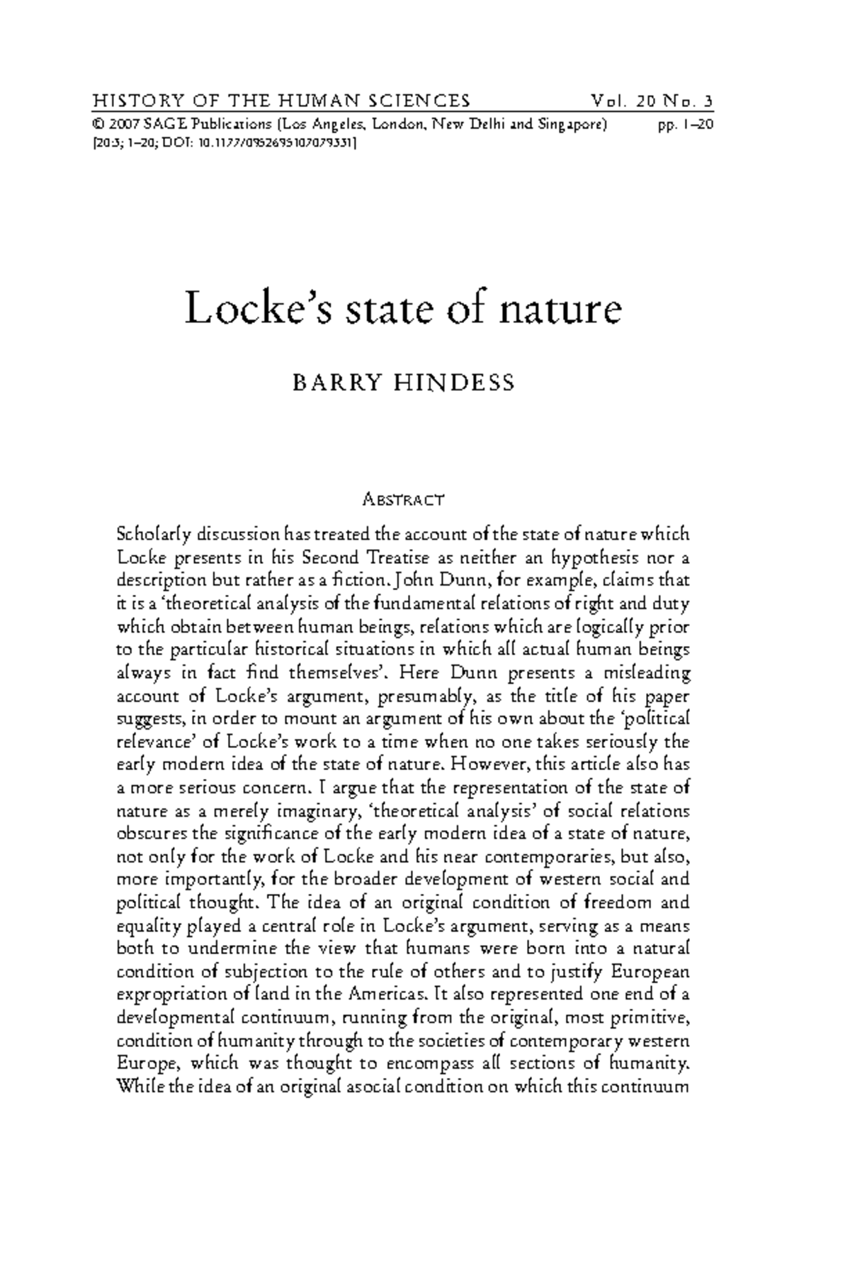 0952695107079331 - Locke’s state of nature BARRY HINDESS ABSTRACT ...