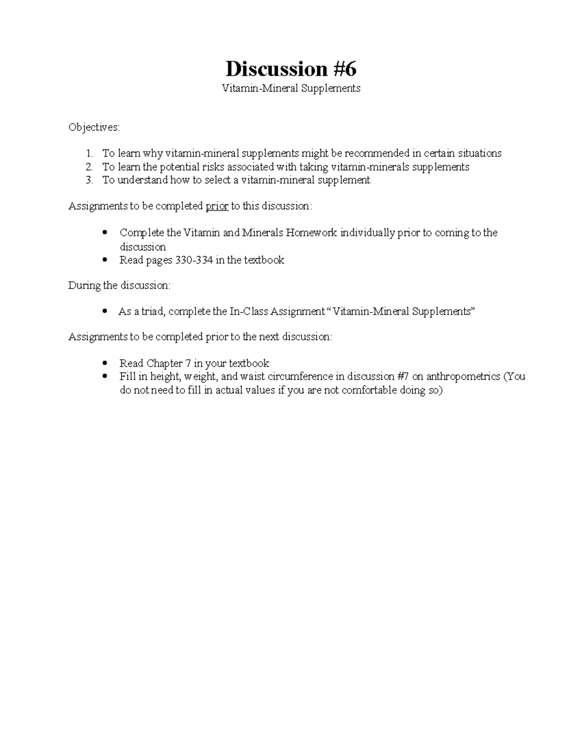 NFSC Notes 6 Discussion VitaminMineral Supplements Objectives To