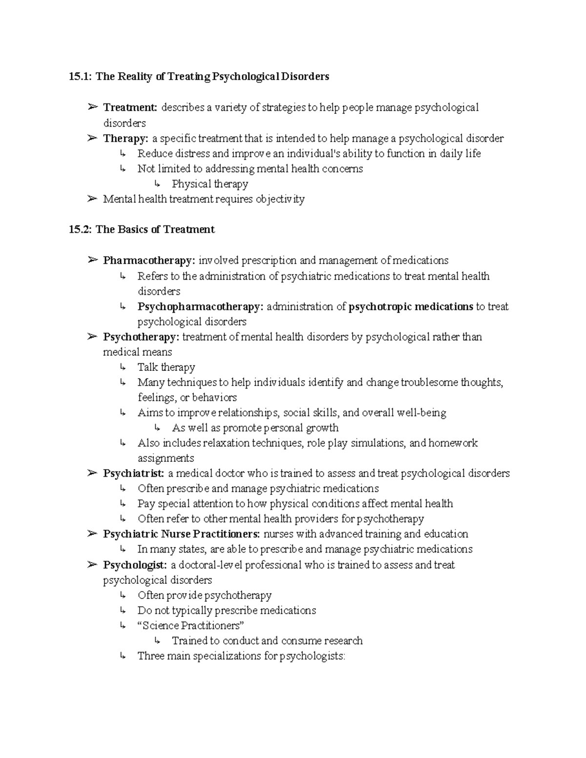 Chapter 15, Treatment of Psychological Disorders Notes - 15: The ...