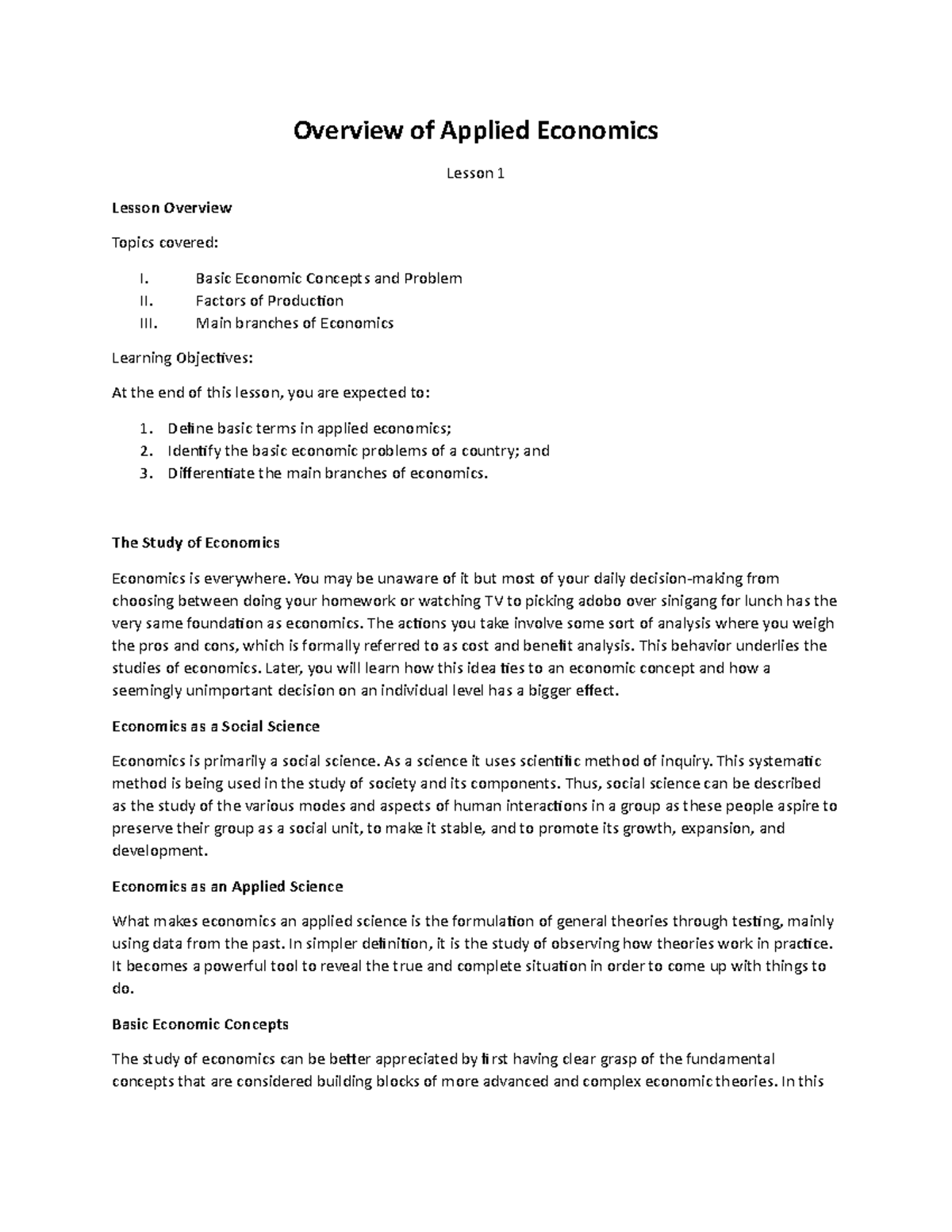 Overview of Applied Economics - Overview of Applied Economics Lesson 1 ...