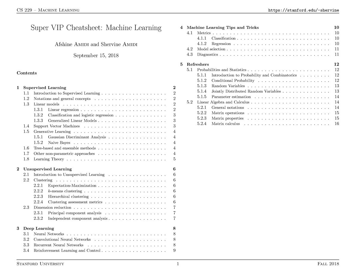 Stanford University Super Machine Learning Cheat Sheets - CS 229 ...