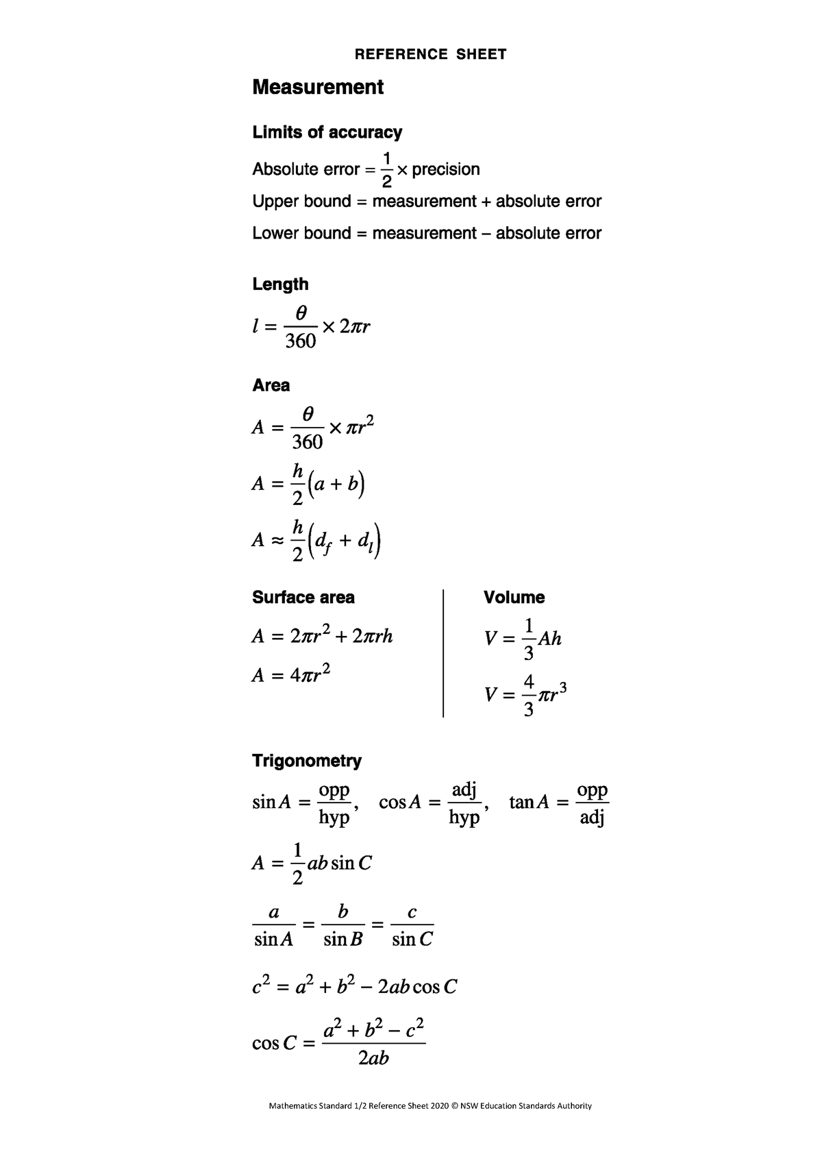 Annotated Reference Sheet 2020ver Mathematics Standard 1 2 Reference Sheet 2020 © Nsw