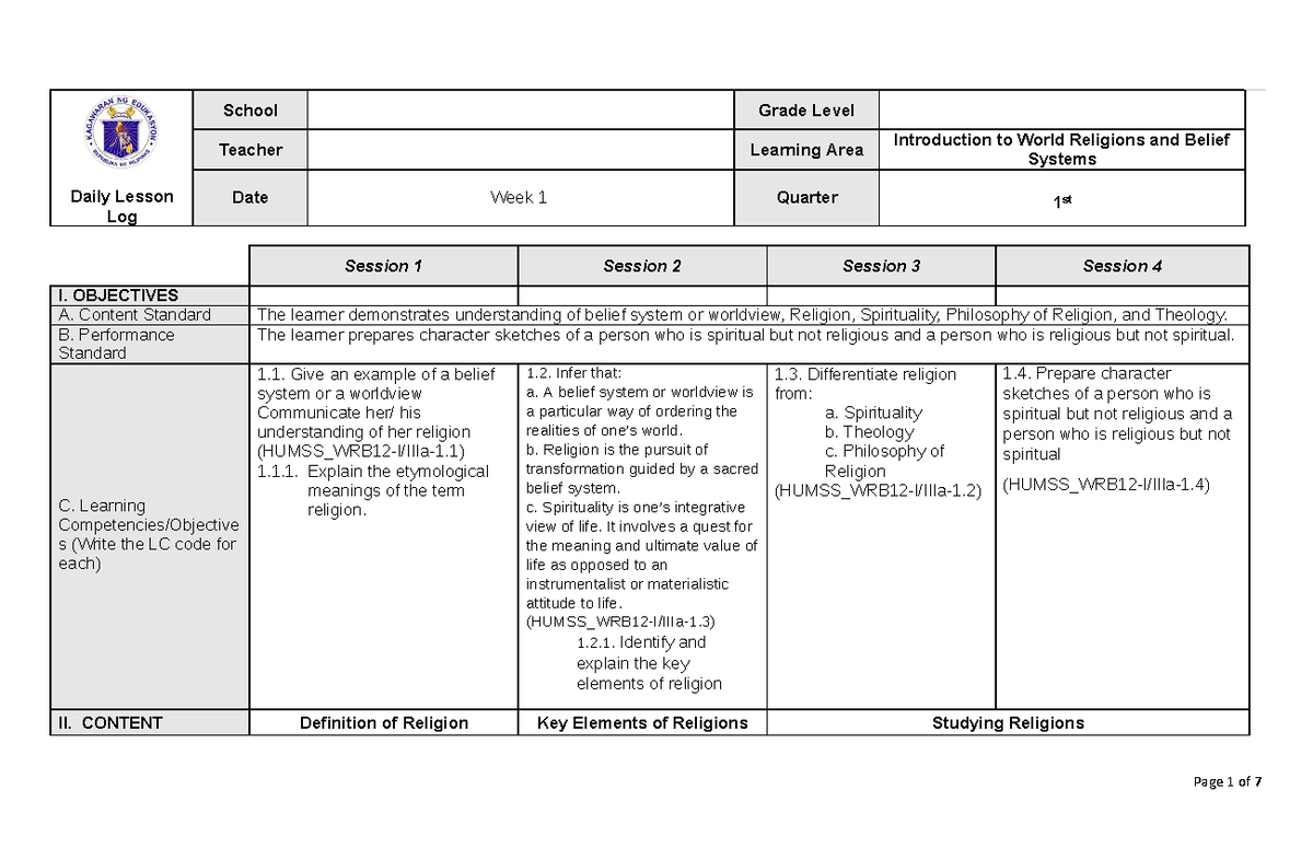 intro-to-world-religion-dll-week-2-daily-lesson-log-school-grade