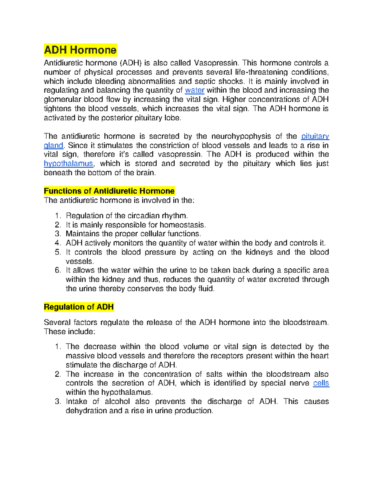 ADH Hormone Lecture notes 2 ADH Hormone Antidiuretic hormone (ADH