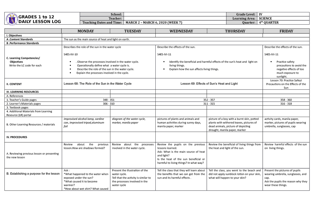 DLL Science 4 Q4 W7 - For references - GRADES 1 to 12 DAILY LESSON LOG ...