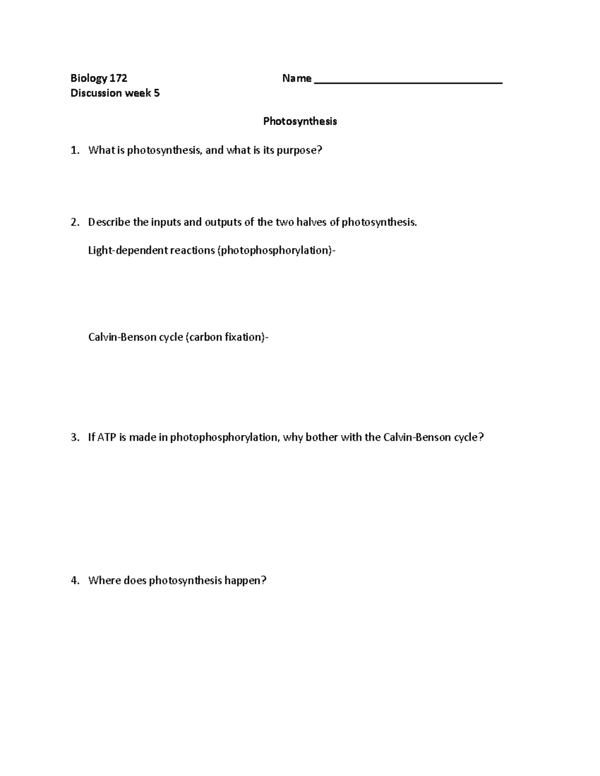 photosynthesis discussion questions