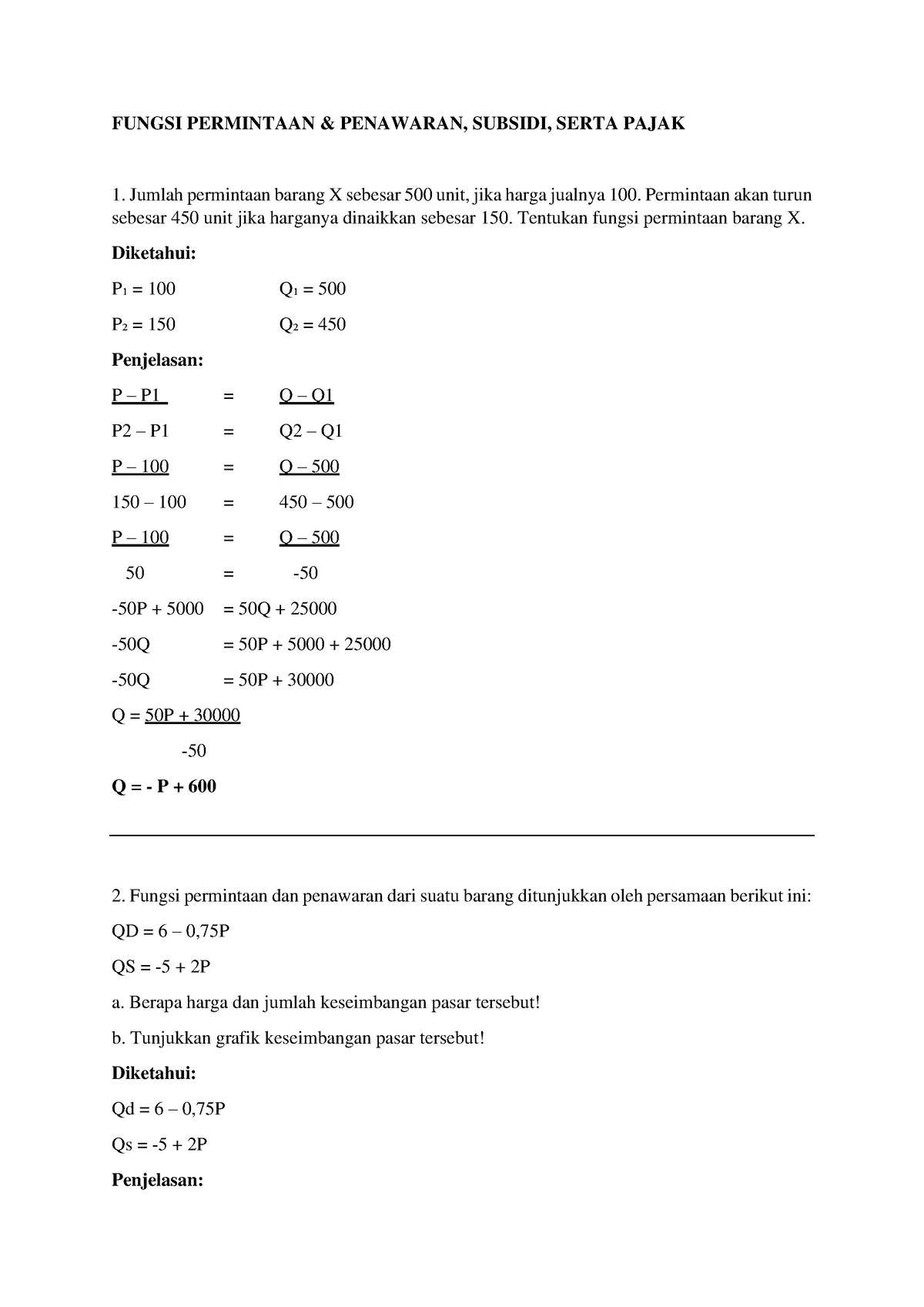 Matematika Ekonomi Fungsi Permintaan Dan Penawaran, Subsidi, Serta ...